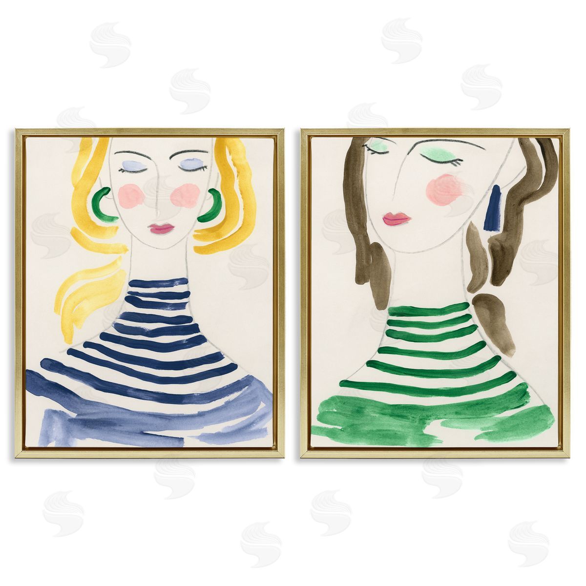 Stylish Ladies in Stripes Gold Floating Frame Canvas Wall Art, Home Decor by June Erica Vess