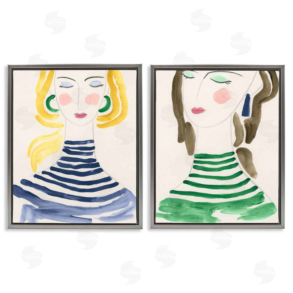 Stylish Ladies in Stripes Grey Floating Frame Canvas Wall Art, Home Decor by June Erica Vess