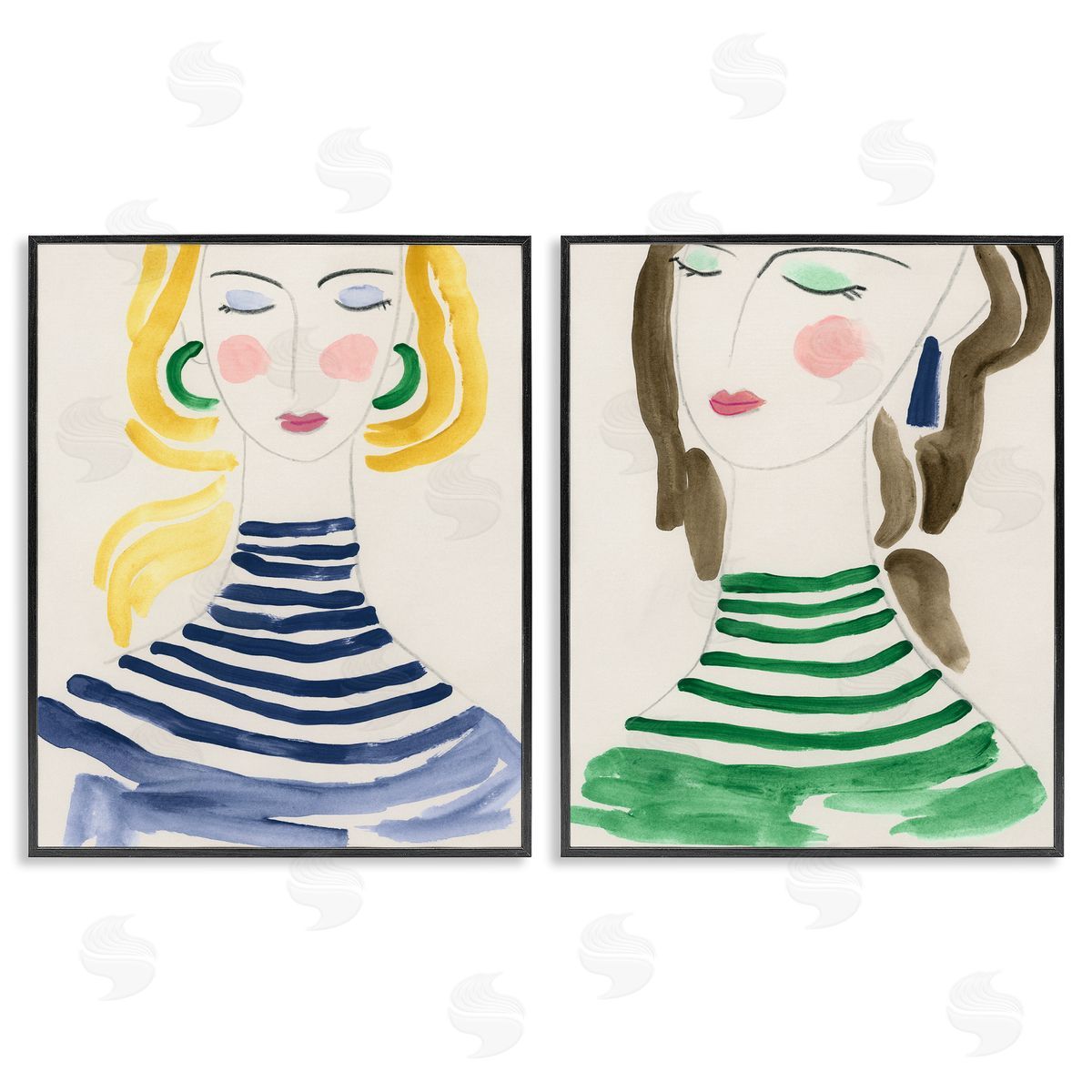 Stylish Ladies in Stripes Black Frame Print Wall Art, Home Decor by June Erica Vess