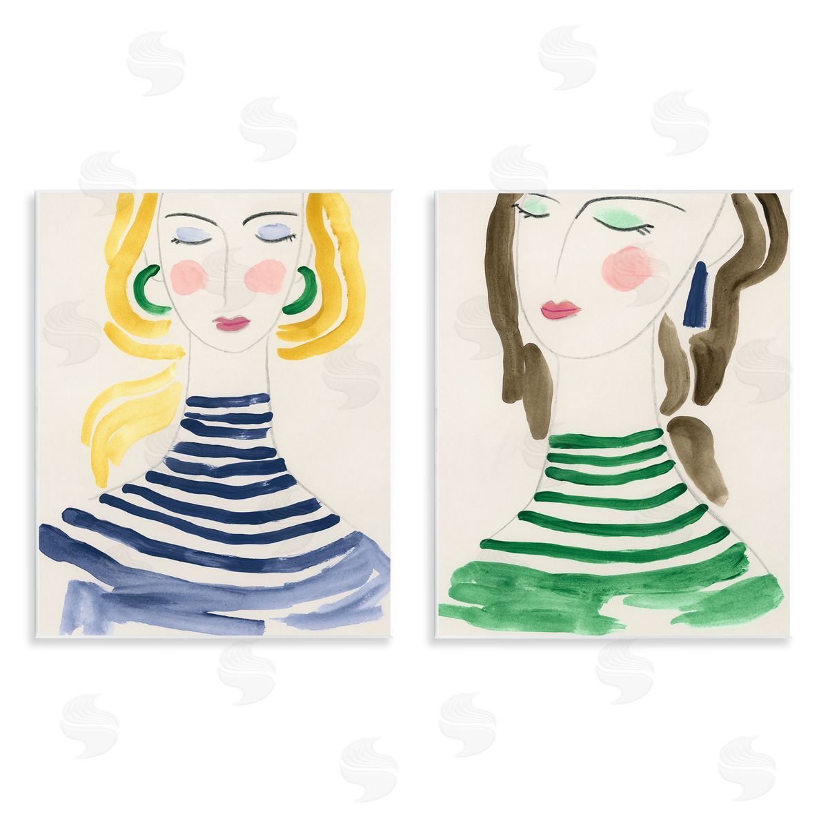 Stylish Ladies in Stripes Wood Plaque Wall Art, Home Decor by June Erica Vess