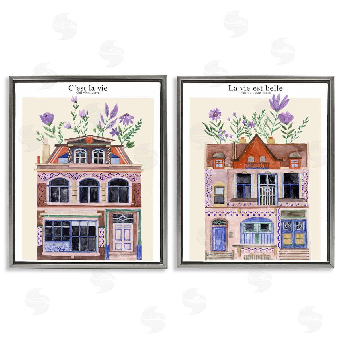 Floral Houses Architecture Grey Floating Frame Canvas Wall Art, Home Decor by Melissa Wang
