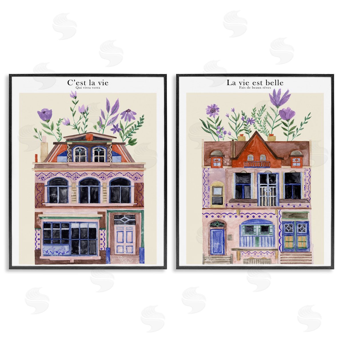 Floral Houses Architecture Black Frame Print Wall Art, Home Decor by Melissa Wang