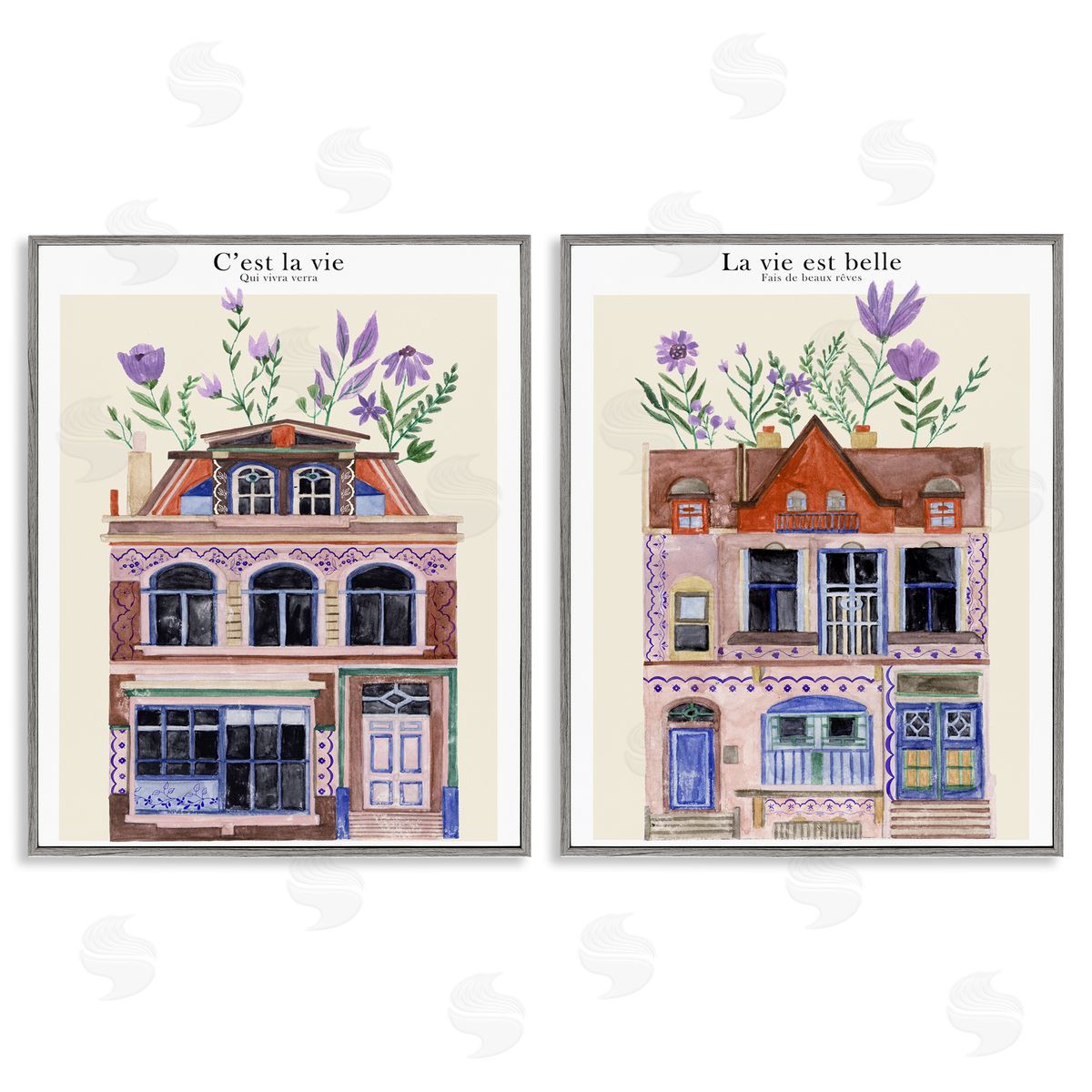 Floral Houses Architecture Grey Frame Print Wall Art, Home Decor by Melissa Wang