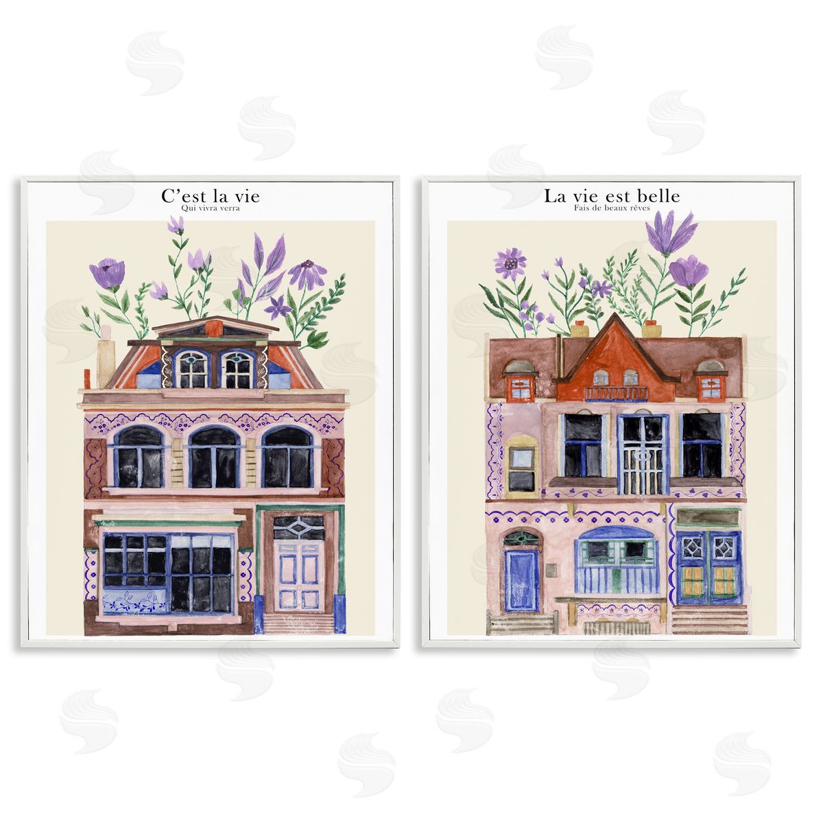 Floral Houses Architecture White Frame Print Wall Art, Home Decor by Melissa Wang
