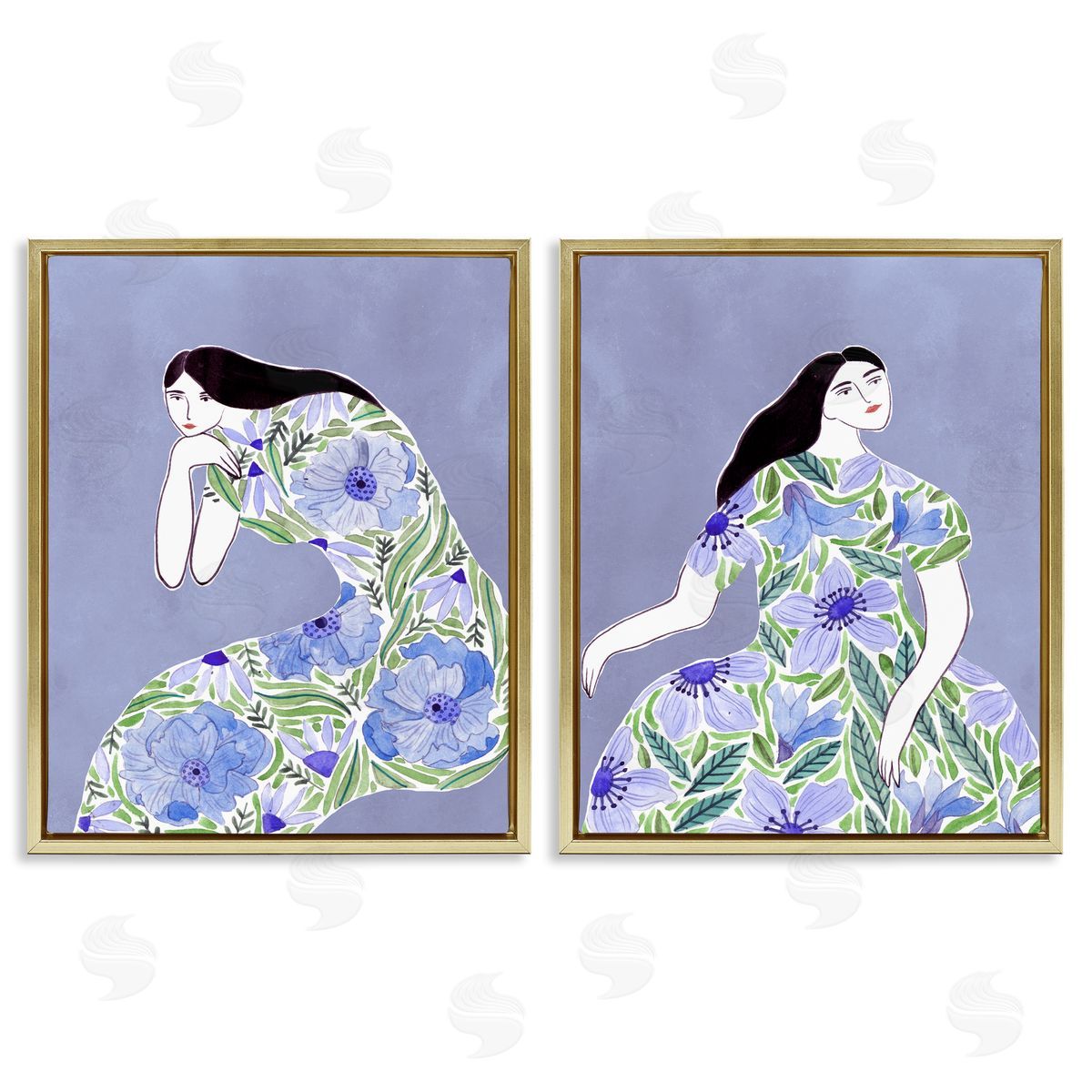 Floral Women on Purple Gold Floating Frame Canvas Wall Art, Home Decor by Melissa Wang