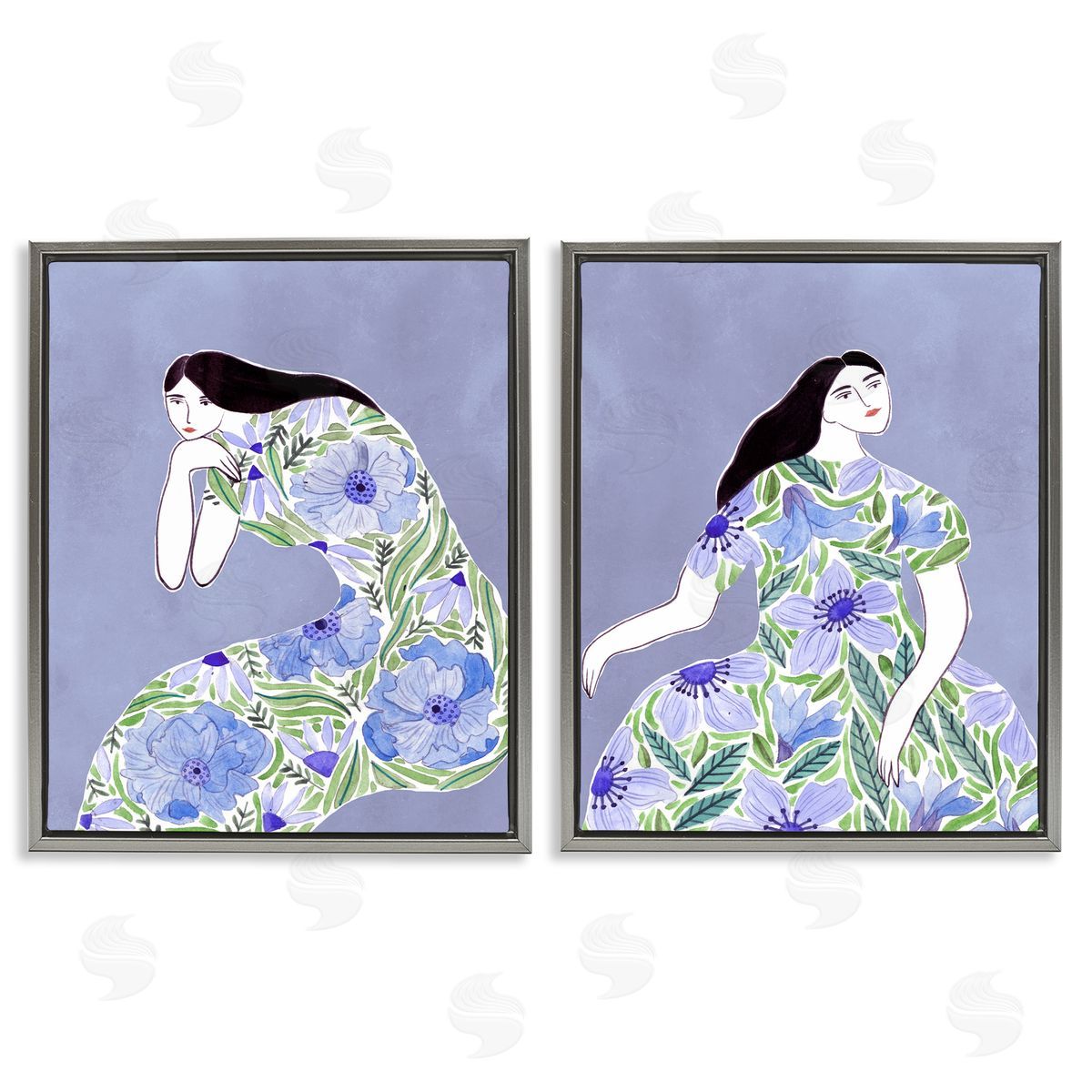 Floral Women on Purple Grey Floating Frame Canvas Wall Art, Home Decor by Melissa Wang