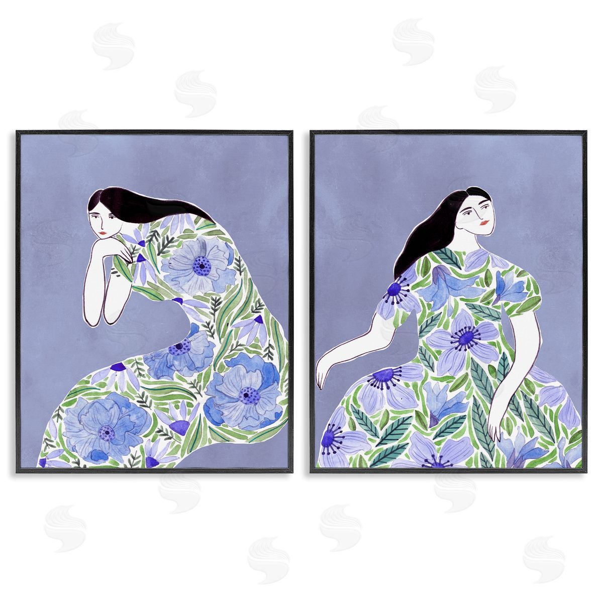 Floral Women on Purple Black Frame Print Wall Art, Home Decor by Melissa Wang
