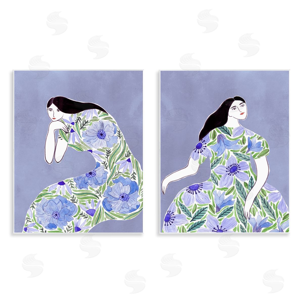 Floral Women on Purple Wood Plaque Wall Art, Home Decor by Melissa Wang