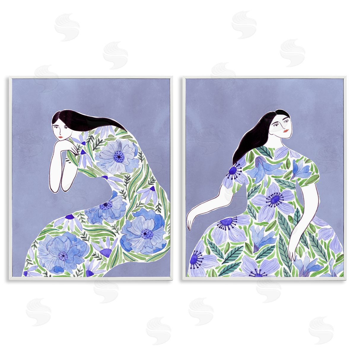 Floral Women on Purple White Frame Print Wall Art, Home Decor by Melissa Wang