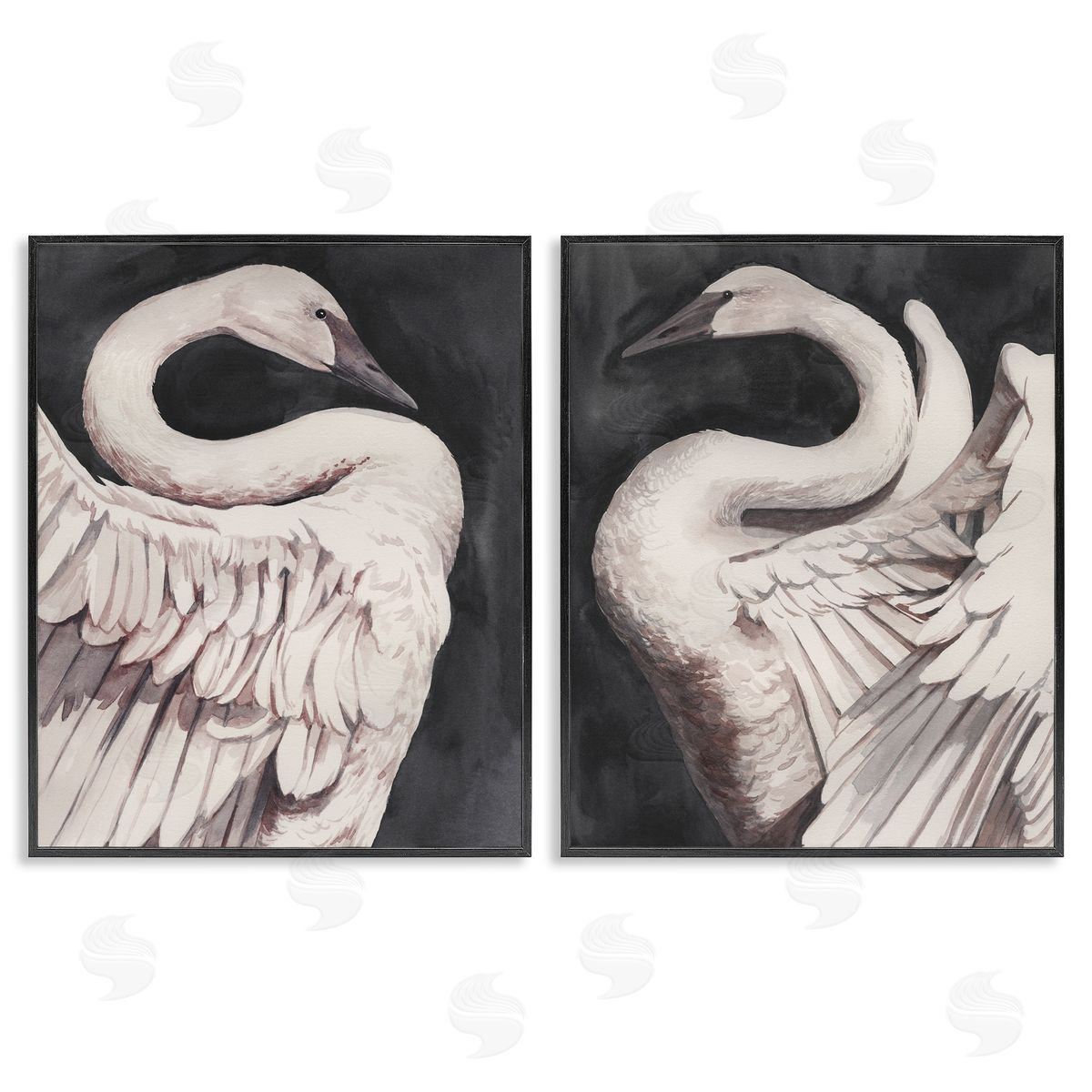 Swans Taking Flight Black Frame Print Wall Art, Home Decor by Grace Popp