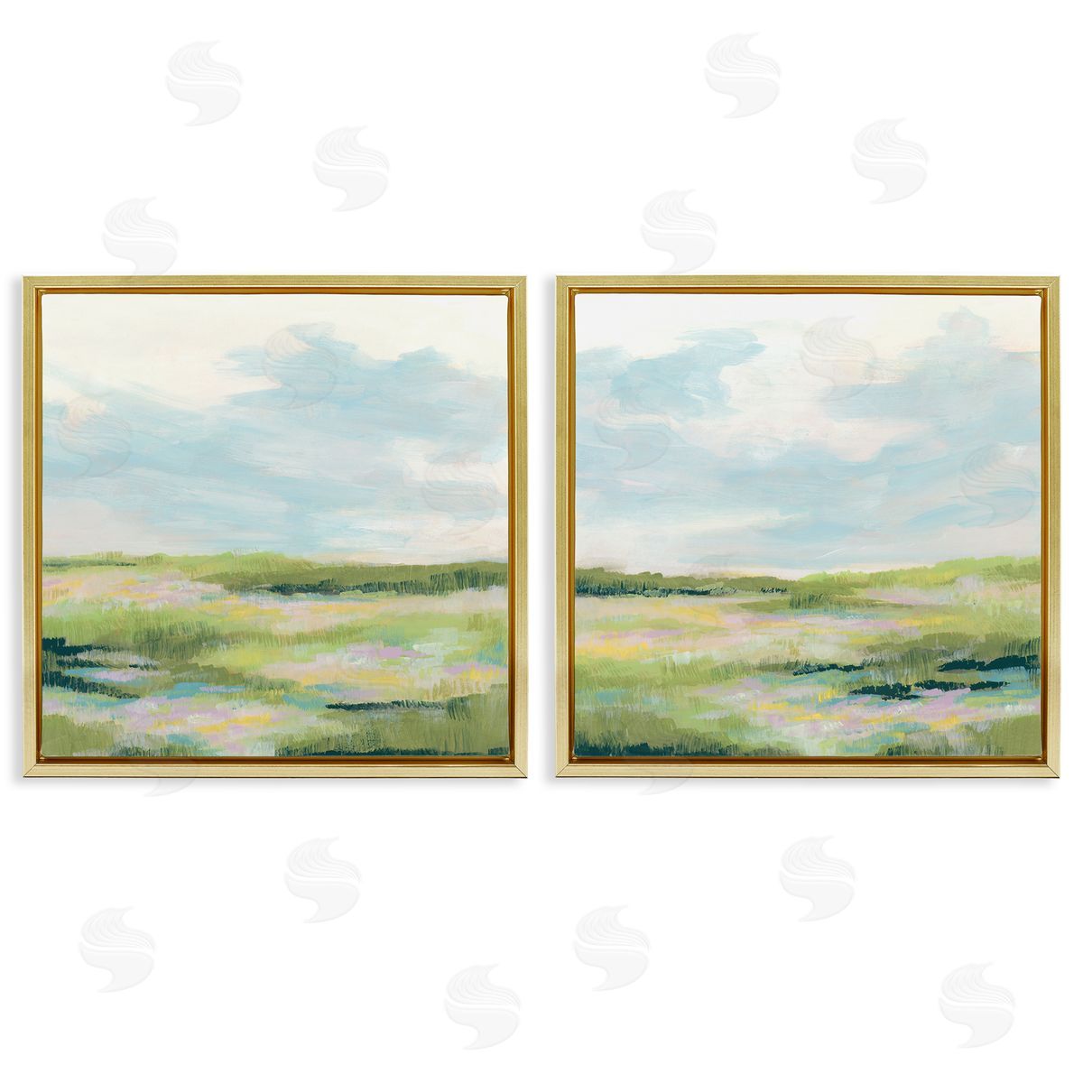 Pastel Meadow under Blue Sky Gold Floating Frame Canvas Wall Art, Home Decor by June Erica Vess