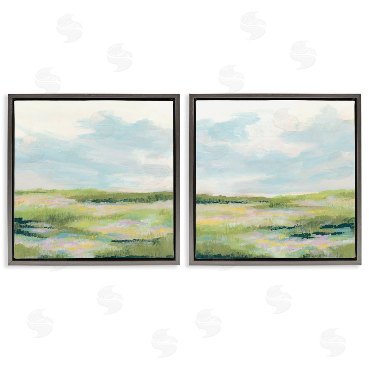 Pastel Meadow under Blue Sky Grey Floating Frame Canvas Wall Art, Home Decor by June Erica Vess