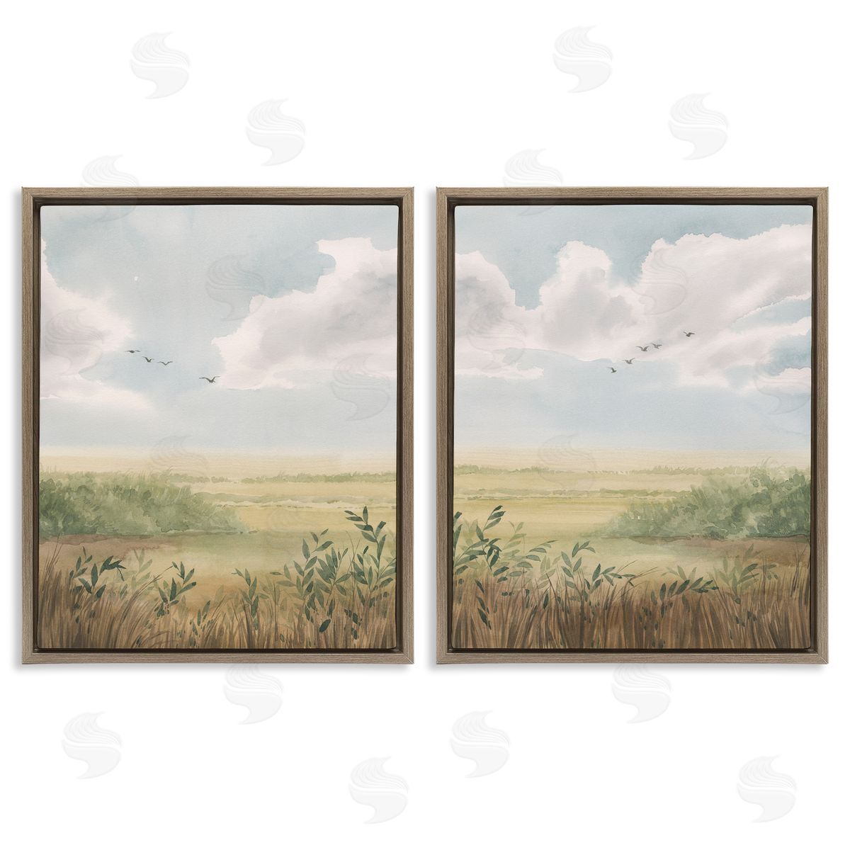 Birds over Country Pastures Brown Floating Frame Canvas Wall Art, Home Decor by Grace Popp