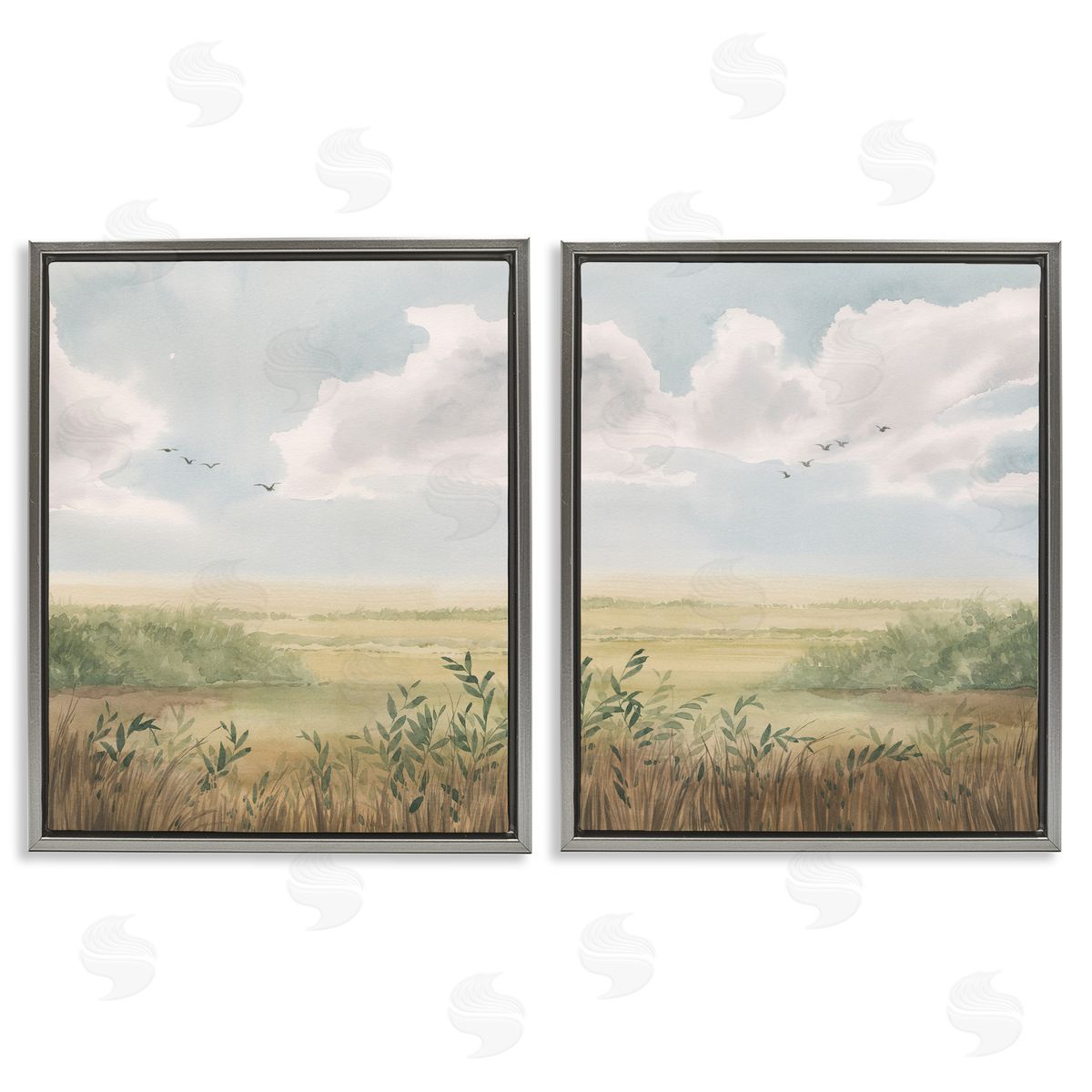 Birds over Country Pastures Grey Floating Frame Canvas Wall Art, Home Decor by Grace Popp
