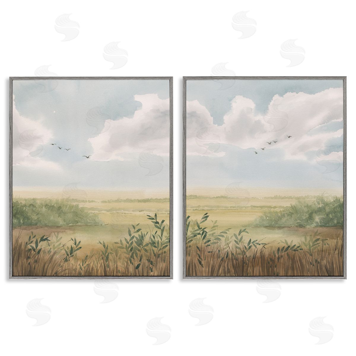 Birds over Country Pastures Grey Frame Print Wall Art, Home Decor by Grace Popp