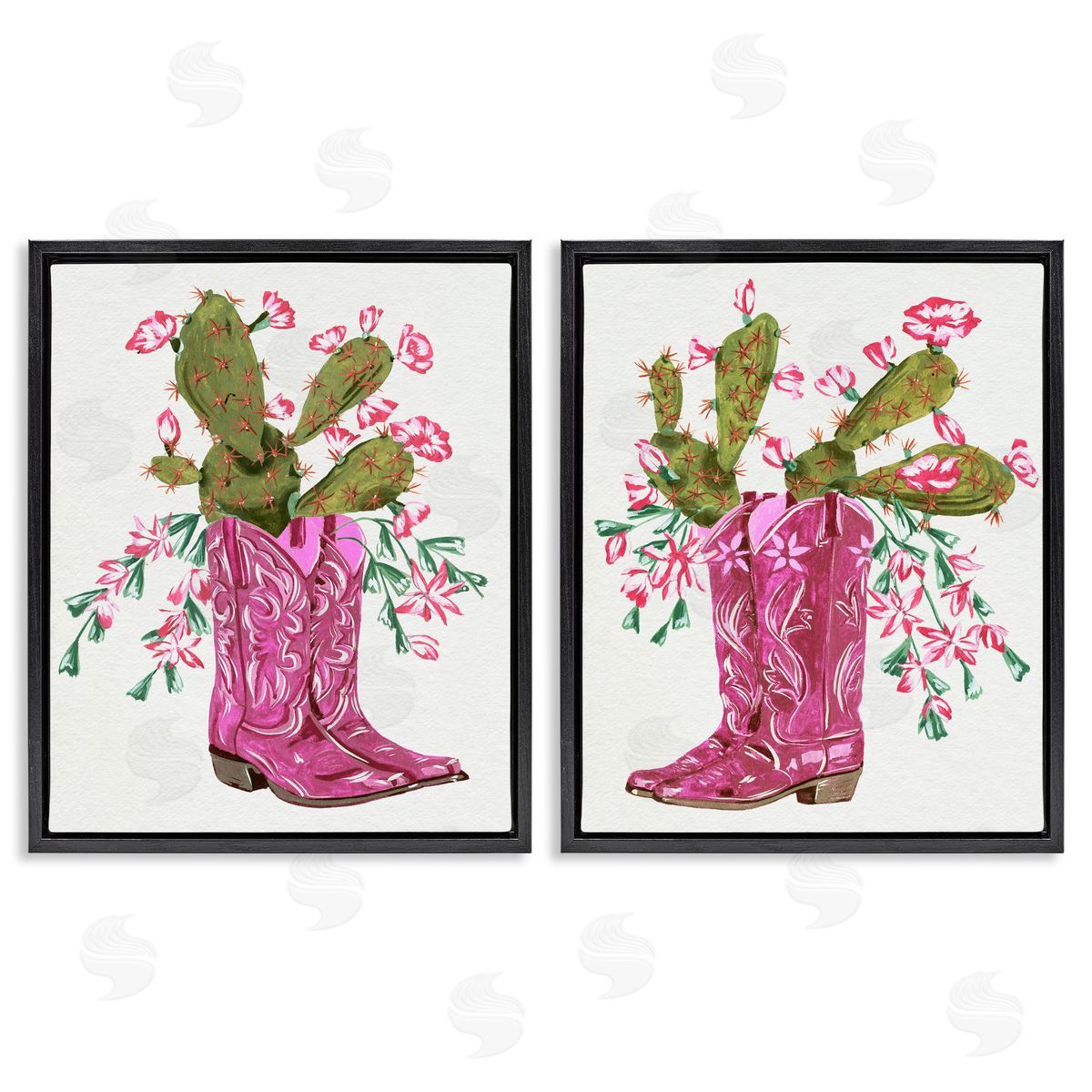 Cactus in Pink Cowgirl Boots Black Floating Frame Canvas Wall Art, Home Decor by Melissa Wang