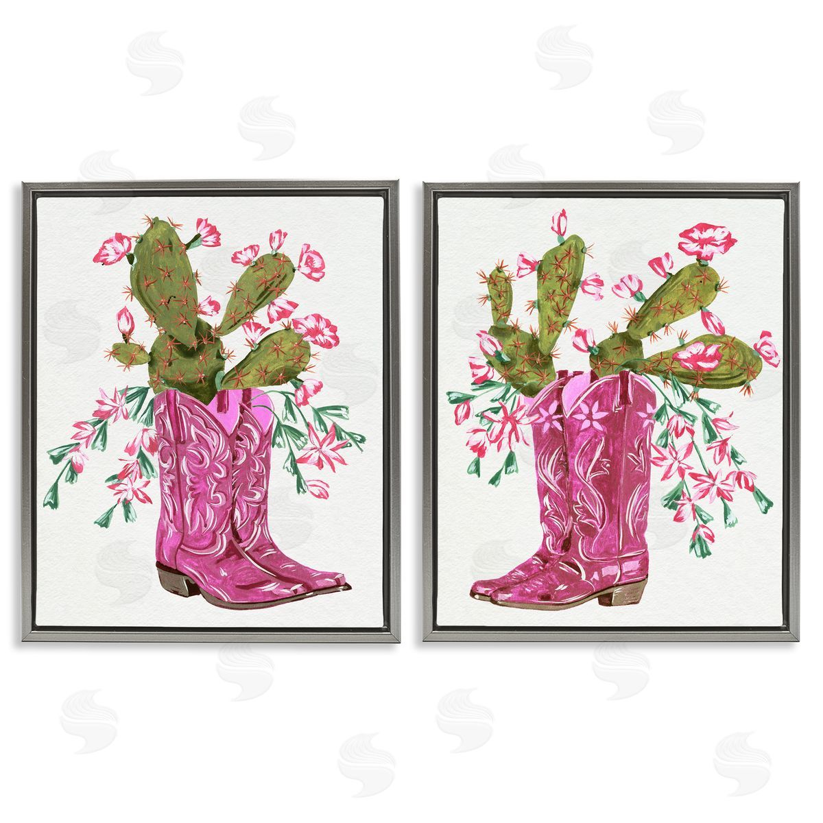 Cactus in Pink Cowgirl Boots Grey Floating Frame Canvas Wall Art, Home Decor by Melissa Wang