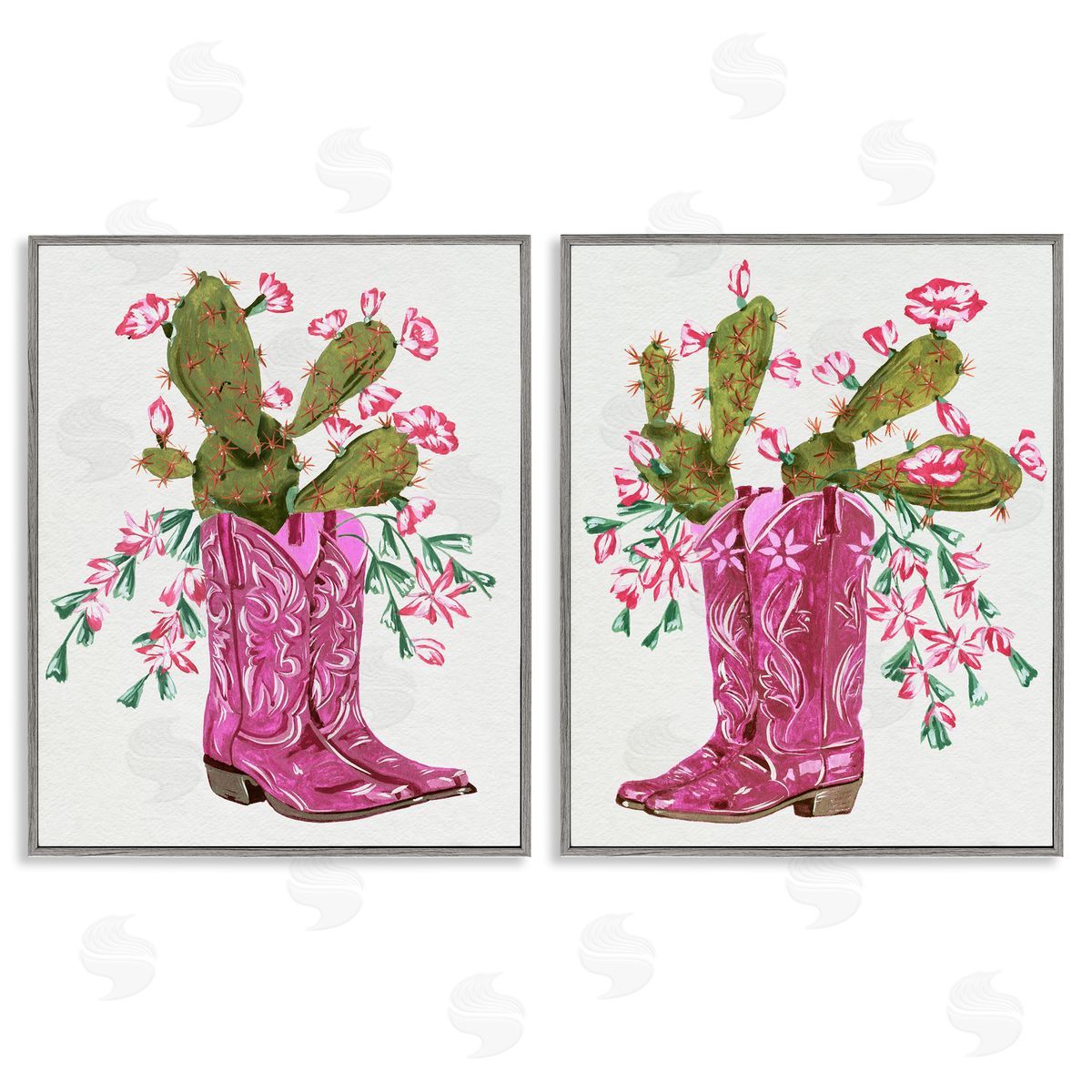 Cactus in Pink Cowgirl Boots Grey Frame Print Wall Art, Home Decor by Melissa Wang