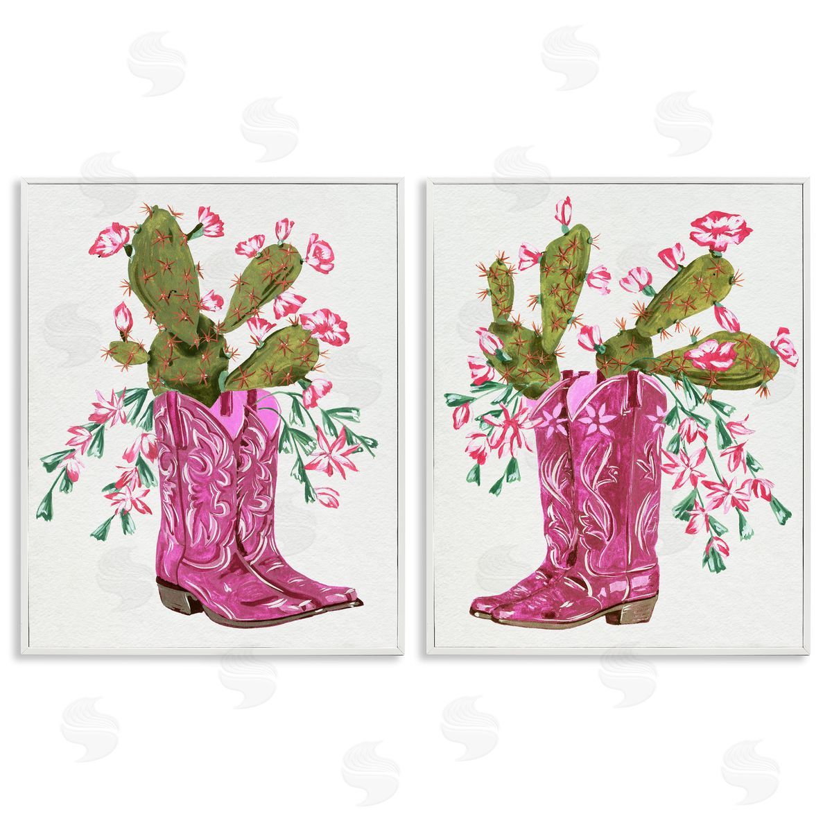 Cactus in Pink Cowgirl Boots White Frame Print Wall Art, Home Decor by Melissa Wang