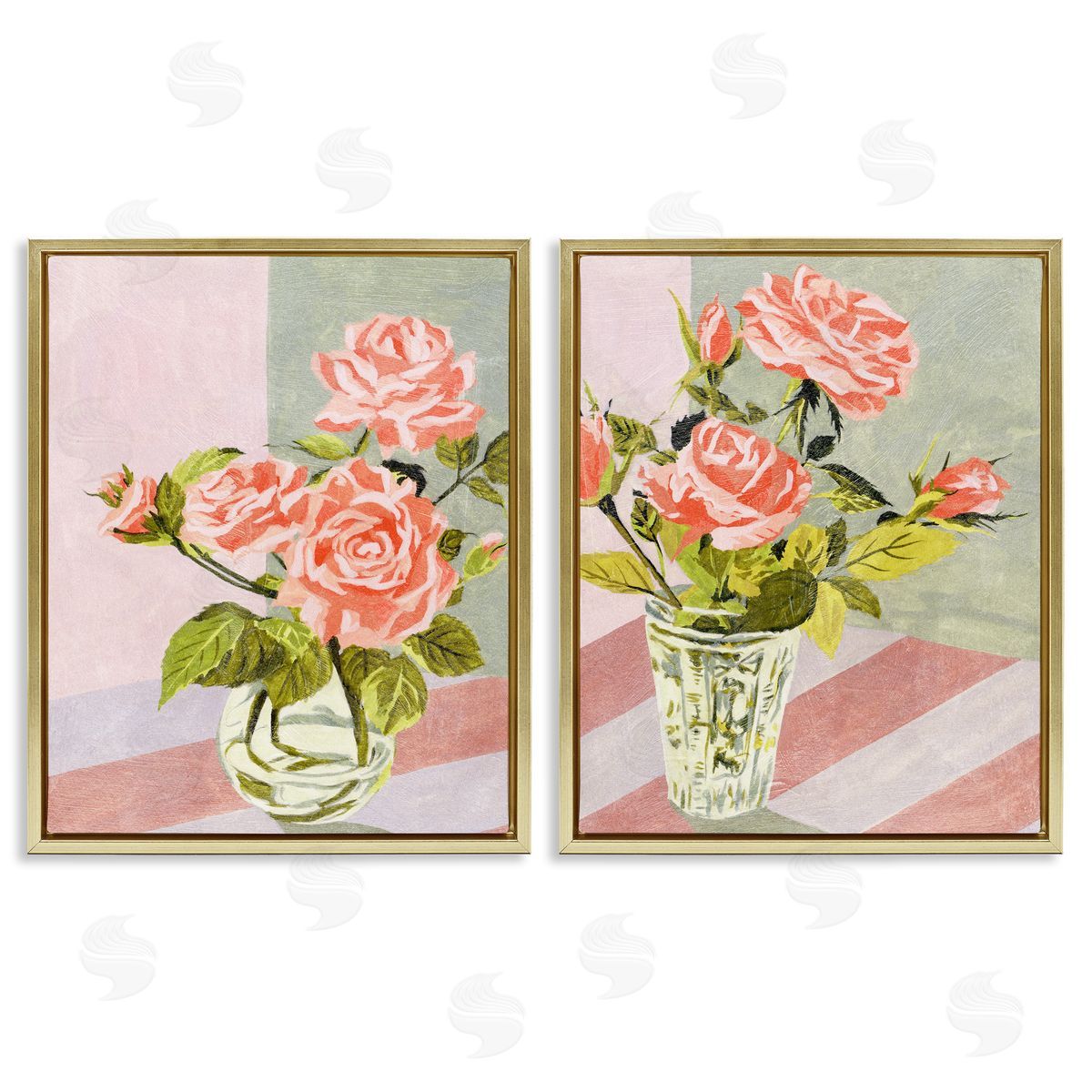 Pink Rose Bouquets in Glass Gold Floating Frame Canvas Wall Art, Home Decor by Melissa Wang