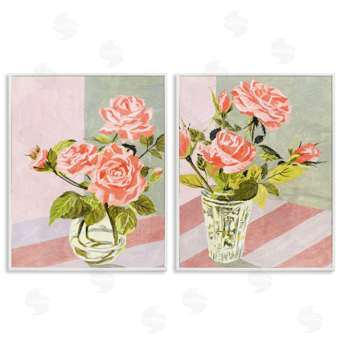 Pink Rose Bouquets in Glass White Frame Print Wall Art, Home Decor by Melissa Wang