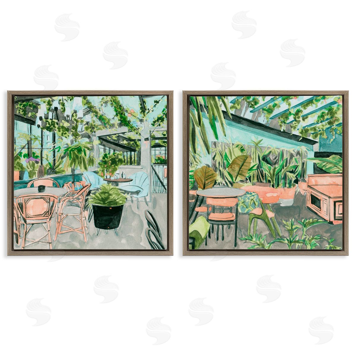 Plant Filled Café Views Brown Floating Frame Canvas Wall Art, Home Decor by Melissa Wang