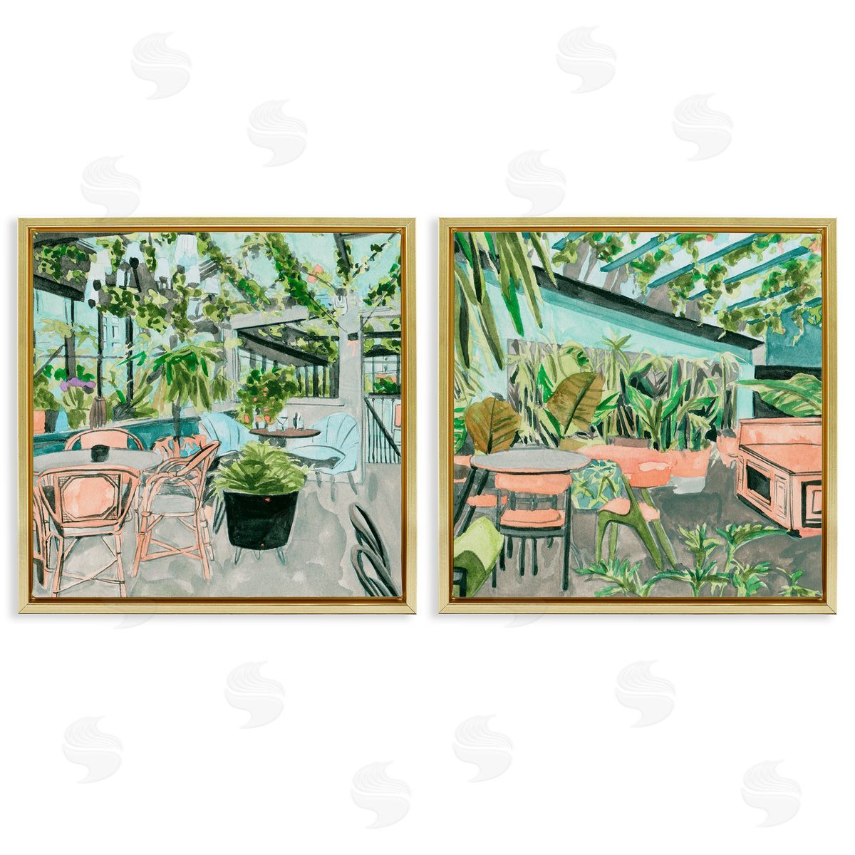 Plant Filled Café Views Gold Floating Frame Canvas Wall Art, Home Decor by Melissa Wang