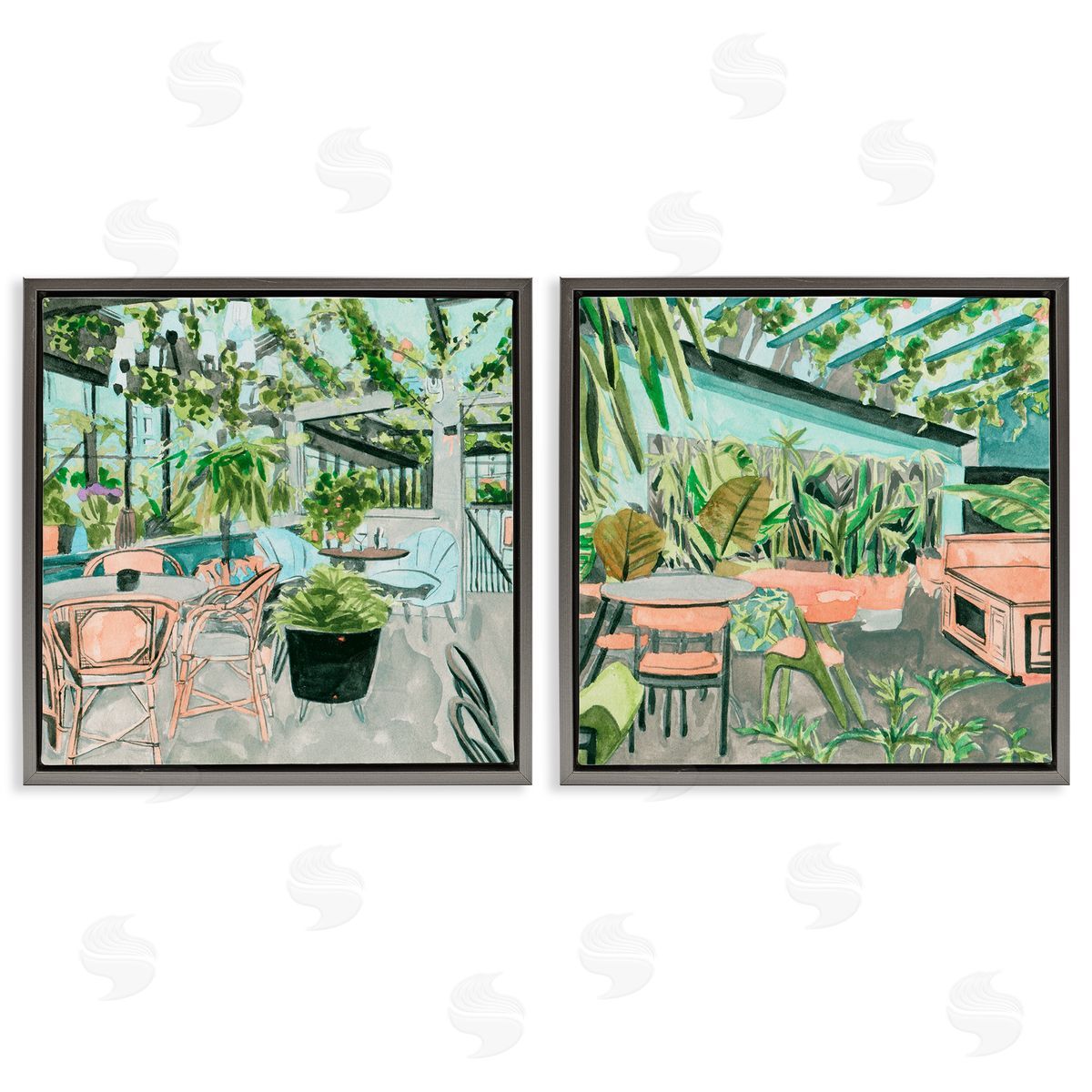 Plant Filled Café Views Grey Floating Frame Canvas Wall Art, Home Decor by Melissa Wang