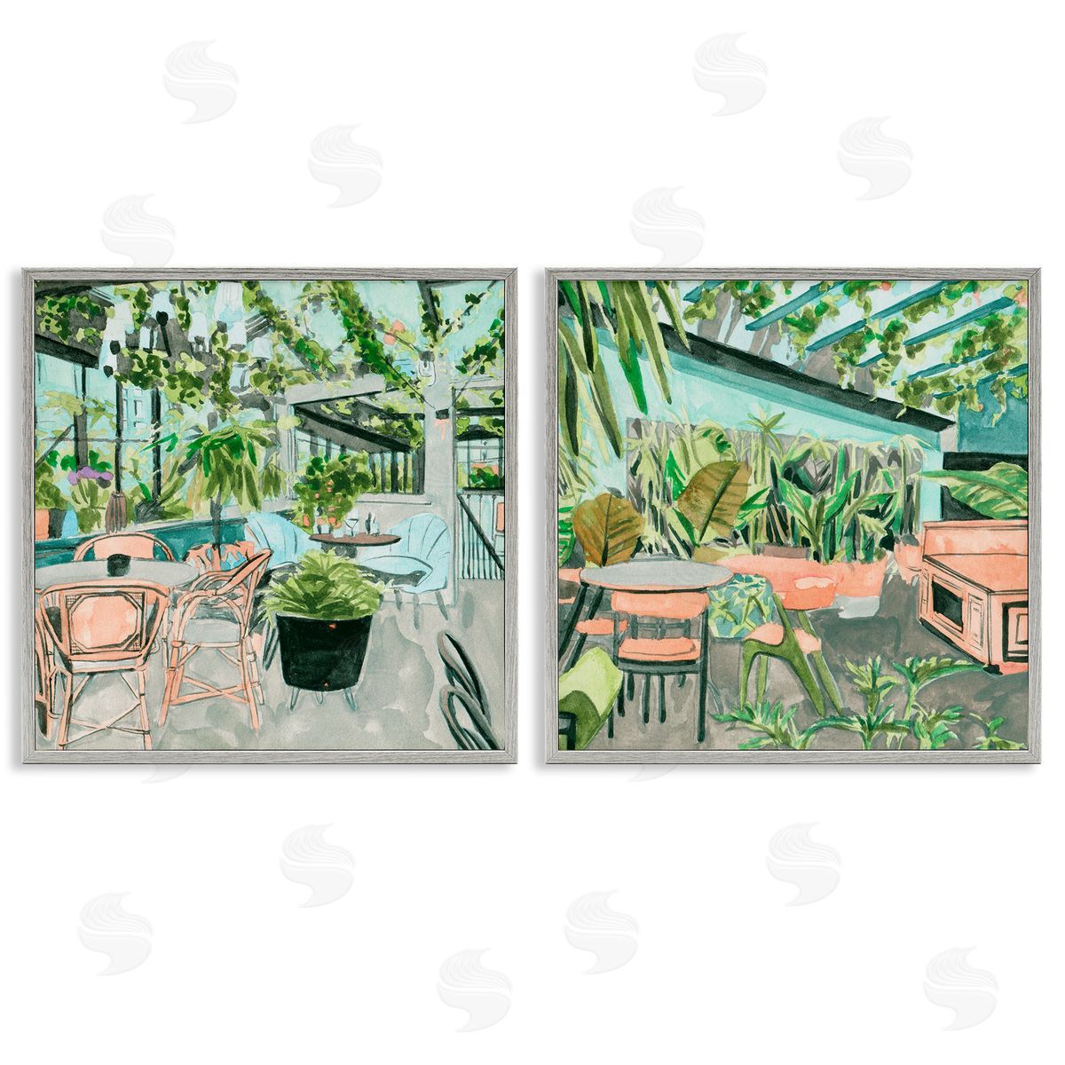 Plant Filled Café Views Grey Frame Print Wall Art, Home Decor by Melissa Wang