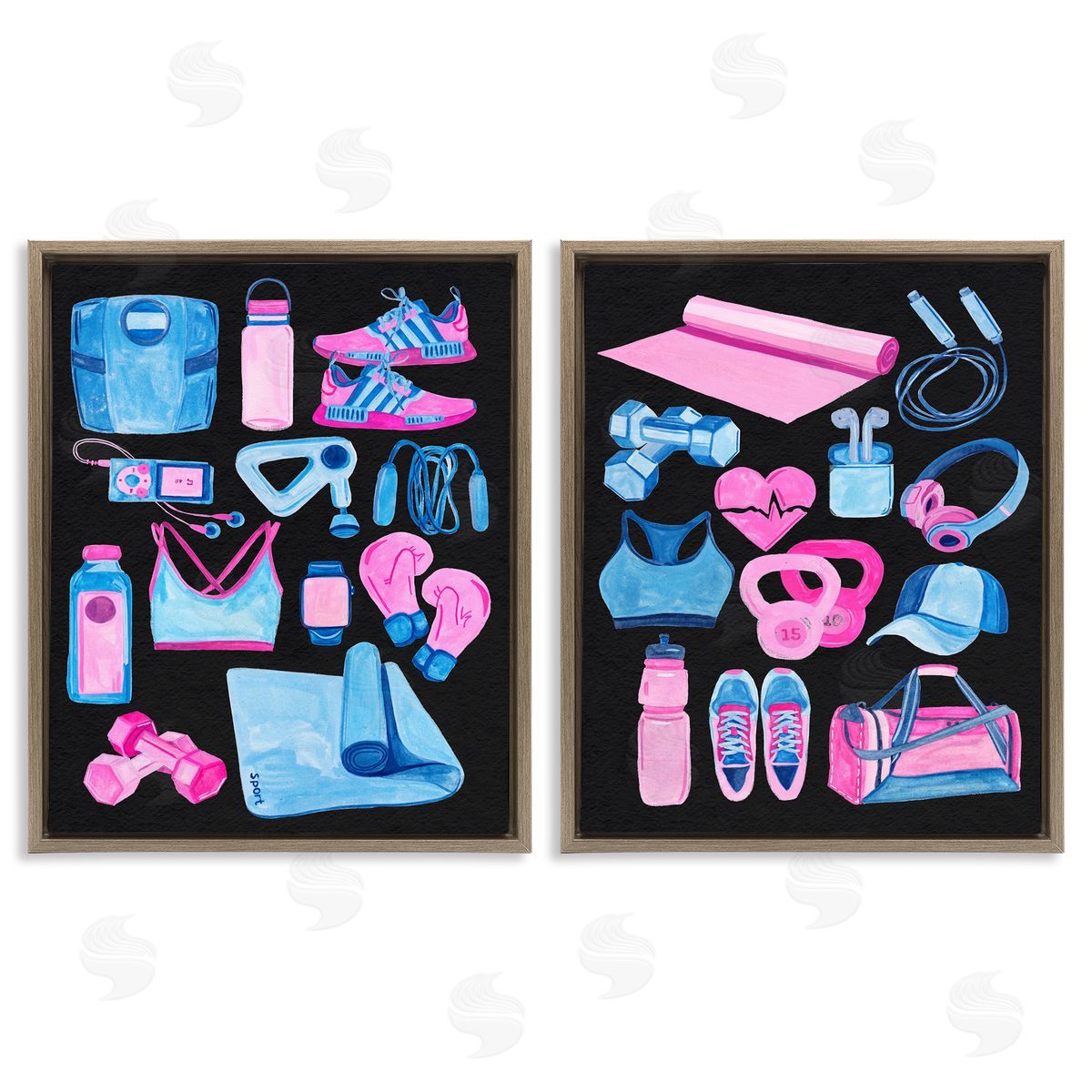 Exercise Gear Pink & Blue Brown Floating Frame Canvas Wall Art, Home Decor by Melissa Wang