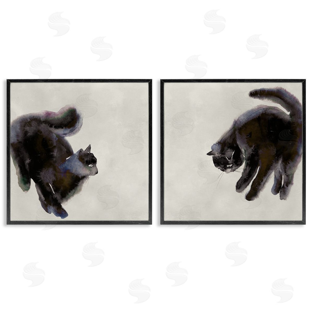 Fuzzy Black Cats on Beige Black Frame Print Wall Art, Home Decor by Melissa Wang