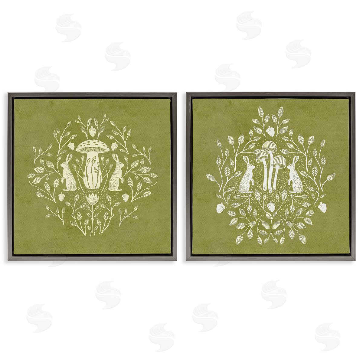 Boho Bunnies & Mushrooms Grey Floating Frame Canvas Wall Art, Home Decor by Katie O'Shea