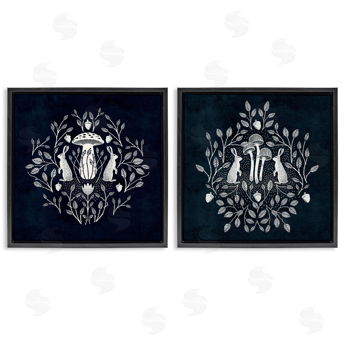 Boho Mirrored Floral Bunnies Black Floating Frame Canvas Wall Art, Home Decor by Katie O'Shea