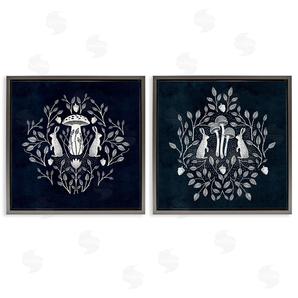 Boho Mirrored Floral Bunnies Grey Floating Frame Canvas Wall Art, Home Decor by Katie O'Shea