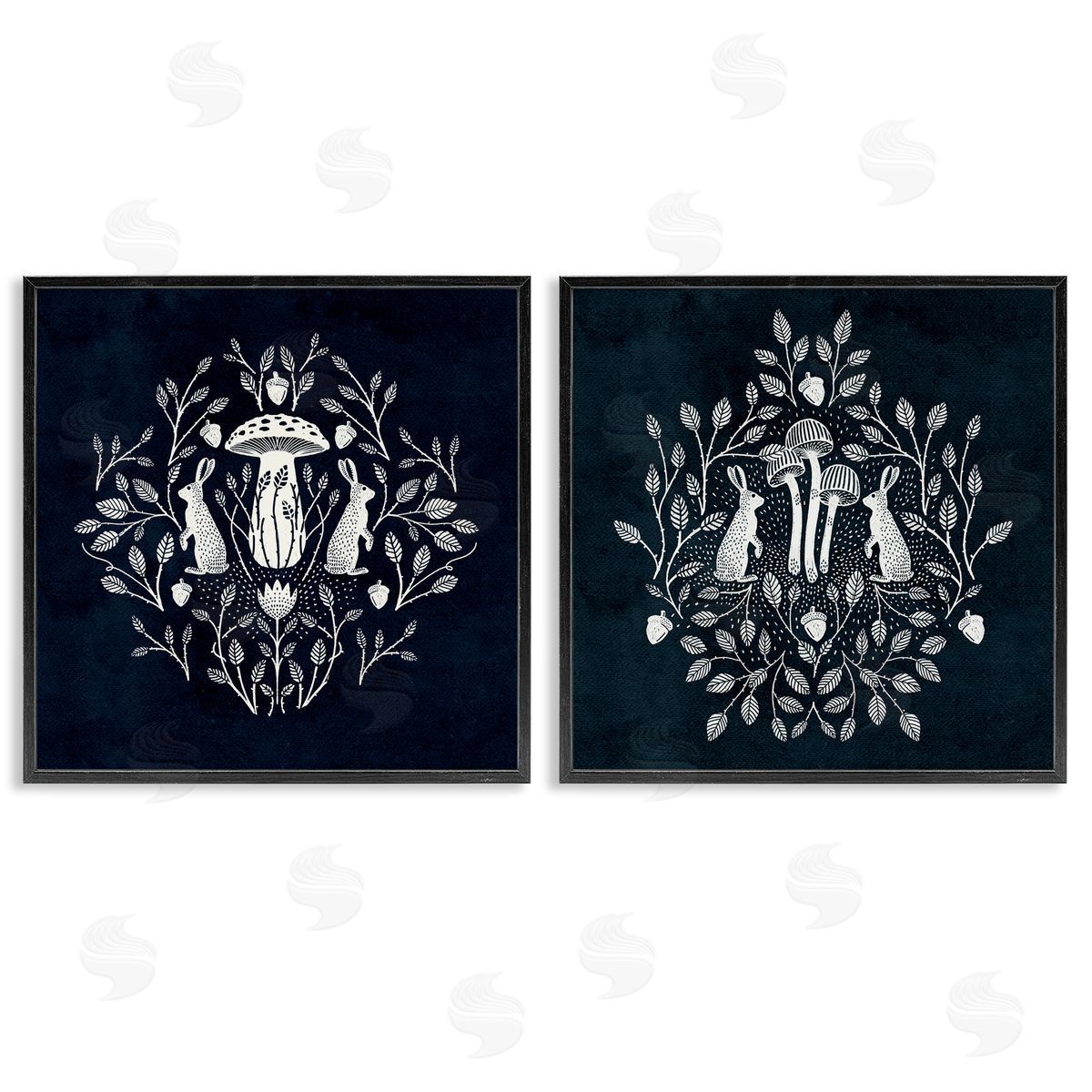 Boho Mirrored Floral Bunnies Black Frame Print Wall Art, Home Decor by Katie O'Shea