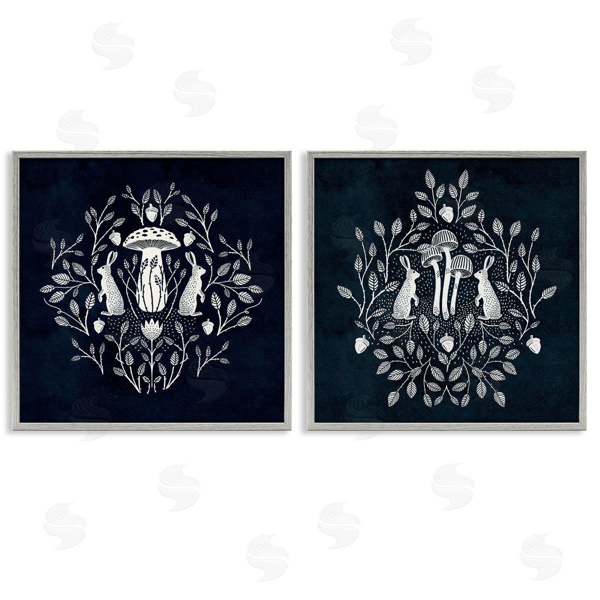 Boho Mirrored Floral Bunnies Grey Frame Print Wall Art, Home Decor by Katie O'Shea