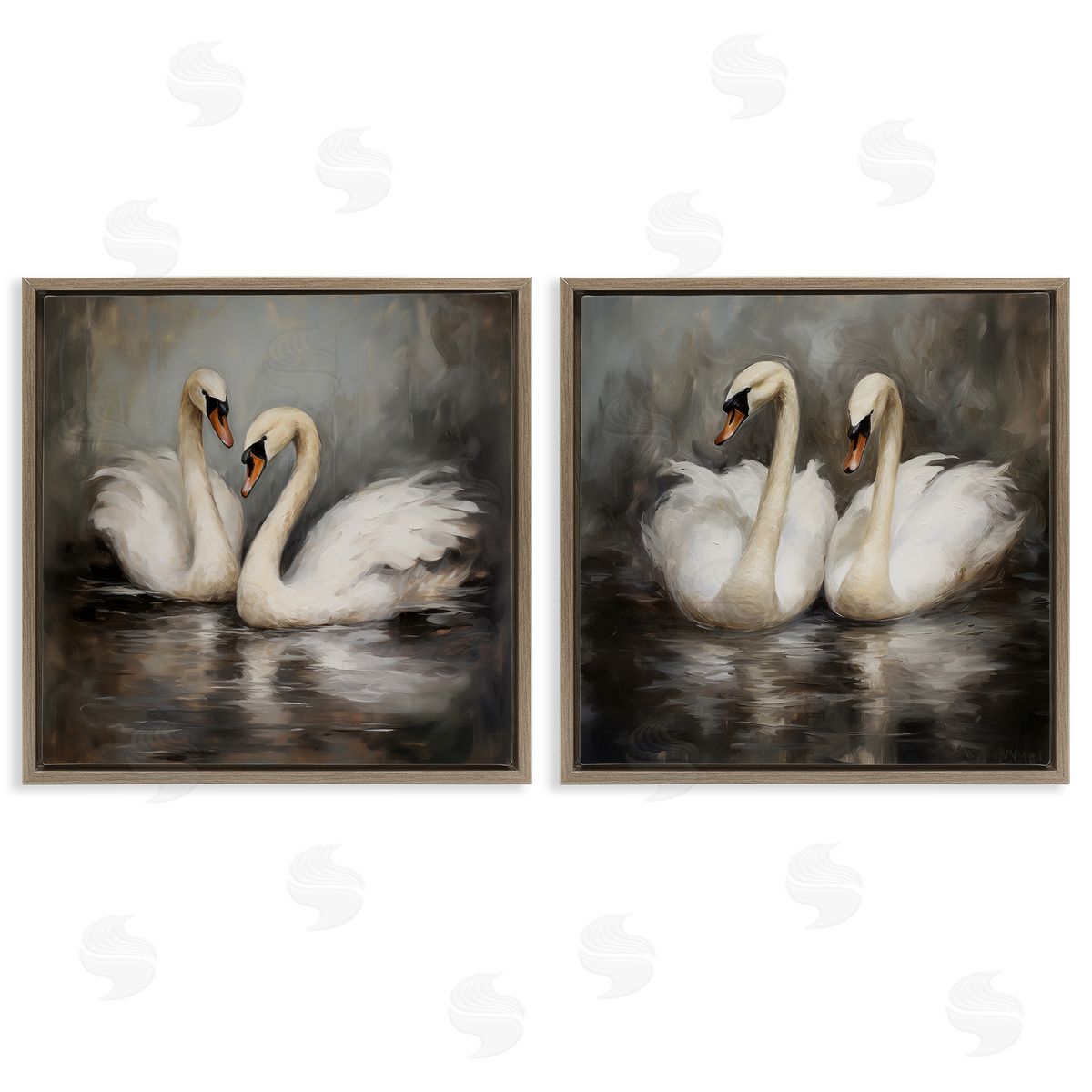 Twin Swans with Reflections Brown Floating Frame Canvas Wall Art, Home Decor by Novae