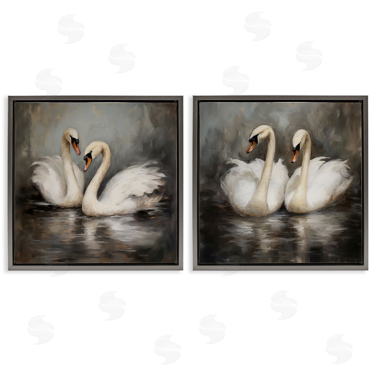 Twin Swans with Reflections Grey Floating Frame Canvas Wall Art, Home Decor by Novae