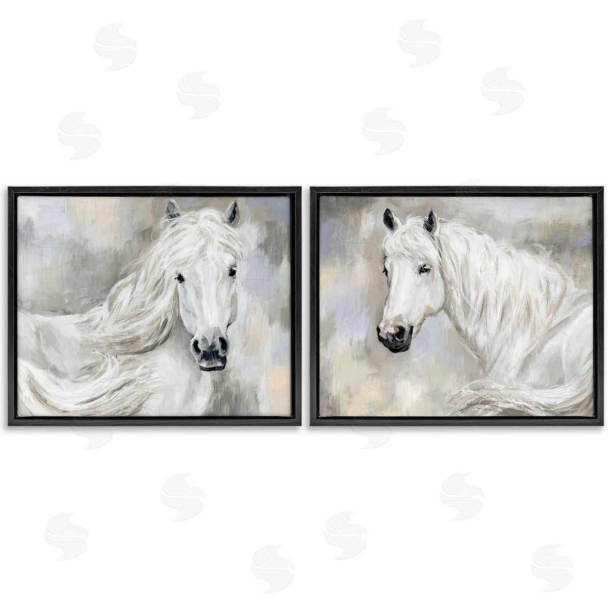 Charming White Horses Black Floating Frame Canvas Wall Art, Home Decor by Victoria Barnes