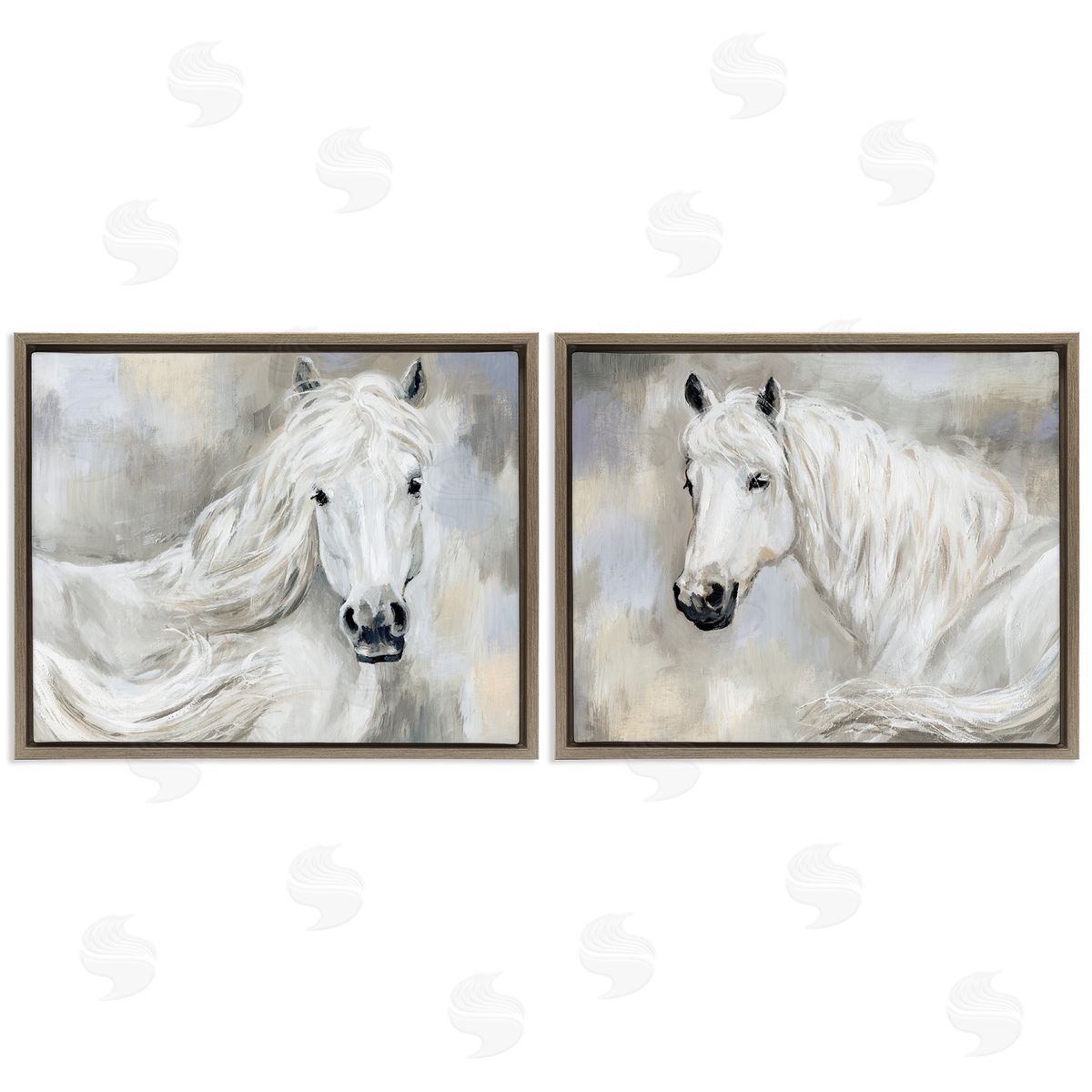Charming White Horses Brown Floating Frame Canvas Wall Art, Home Decor by Victoria Barnes