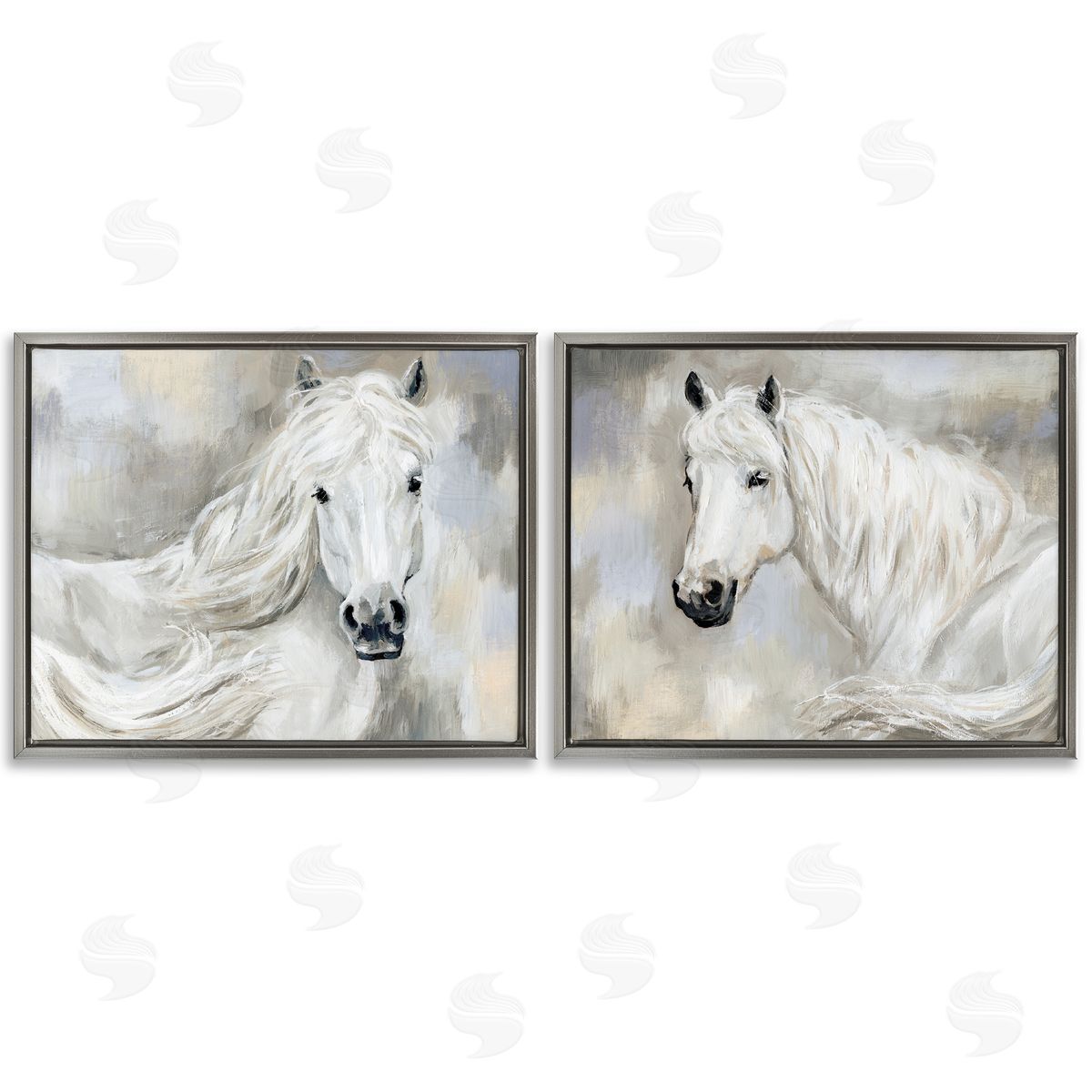 Charming White Horses Grey Floating Frame Canvas Wall Art, Home Decor by Victoria Barnes