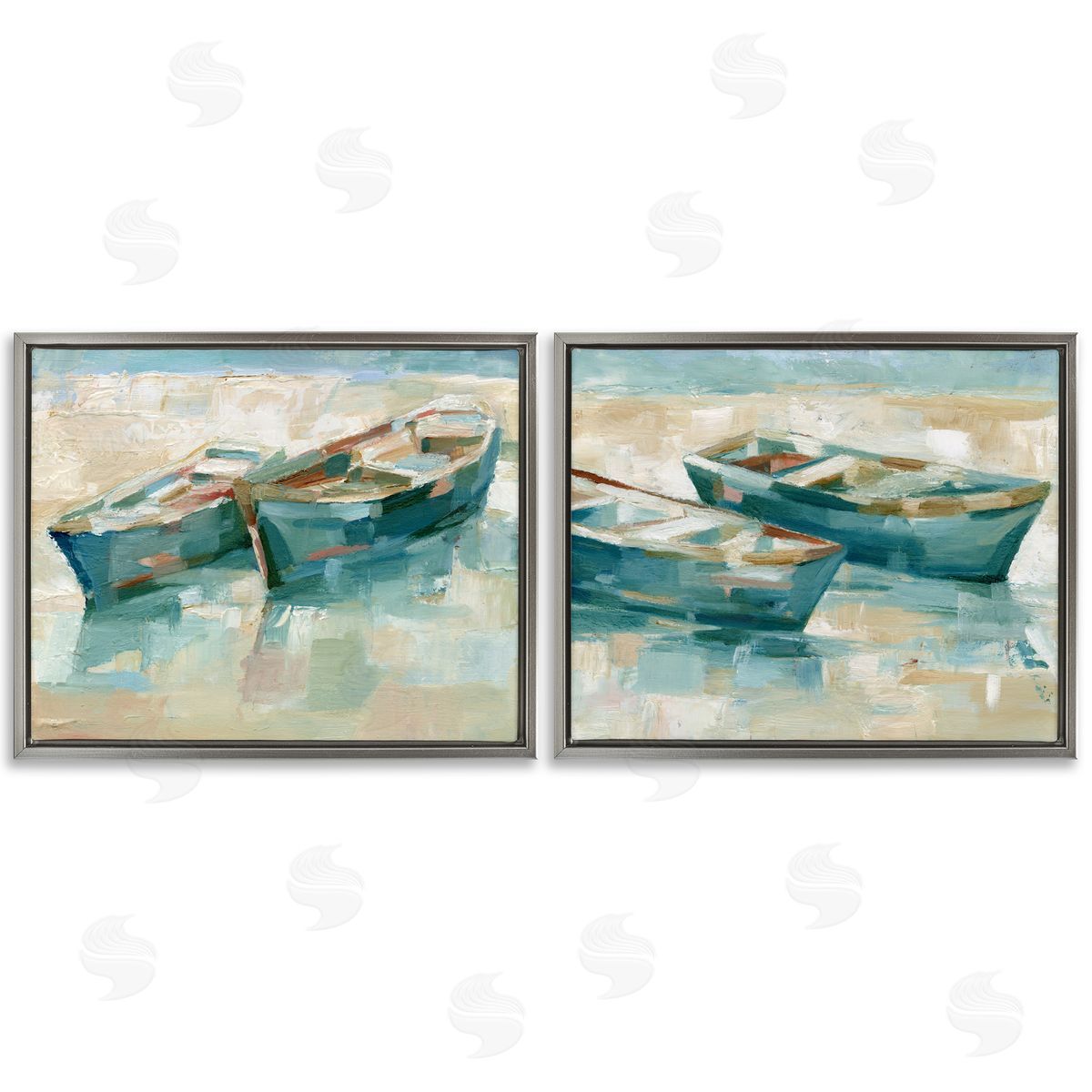 Rowboat Pairs Washed Ashore Grey Floating Frame Canvas Wall Art, Home Decor by Ethan Harper