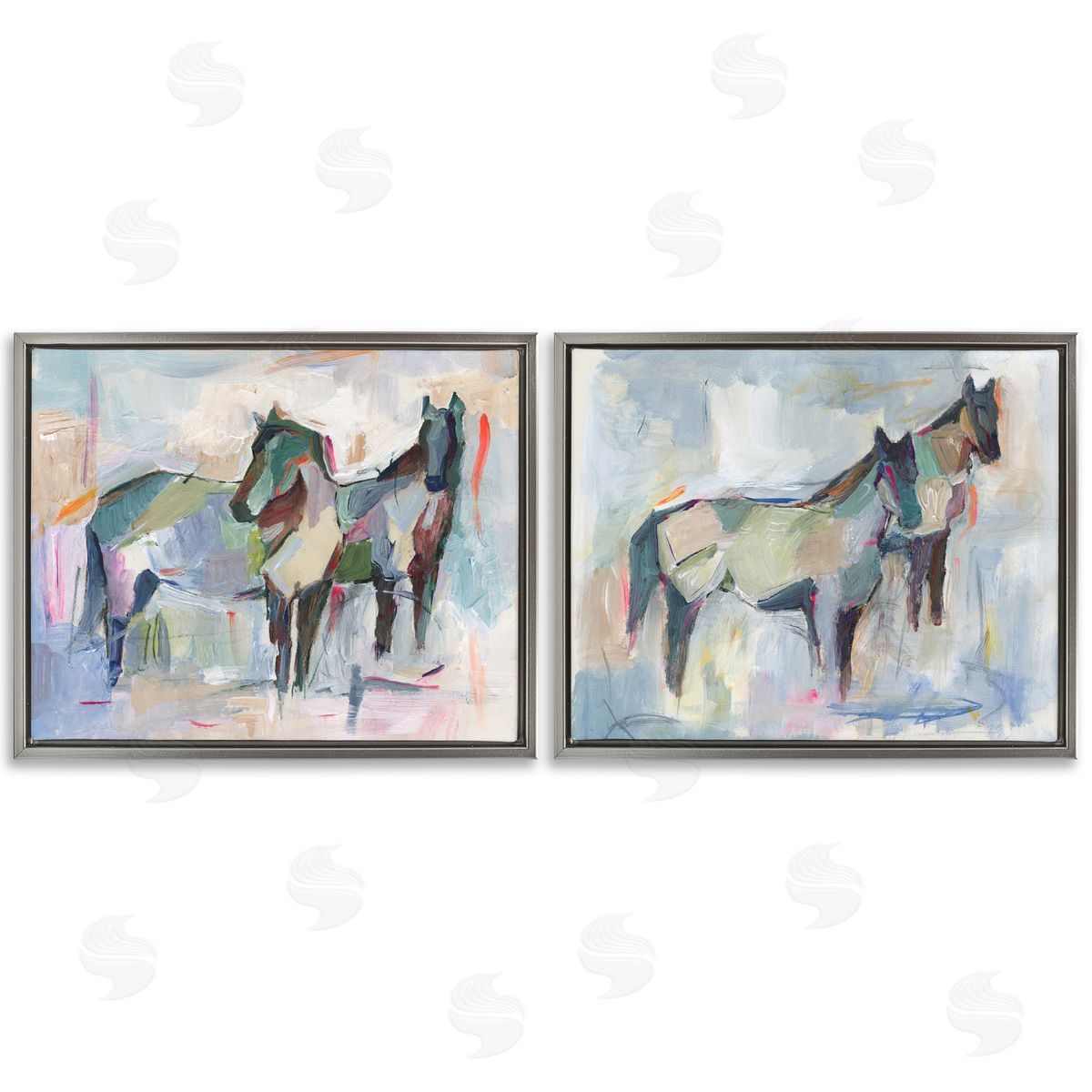 Ambiguous Horse Visages Grey Floating Frame Canvas Wall Art, Home Decor by Ethan Harper
