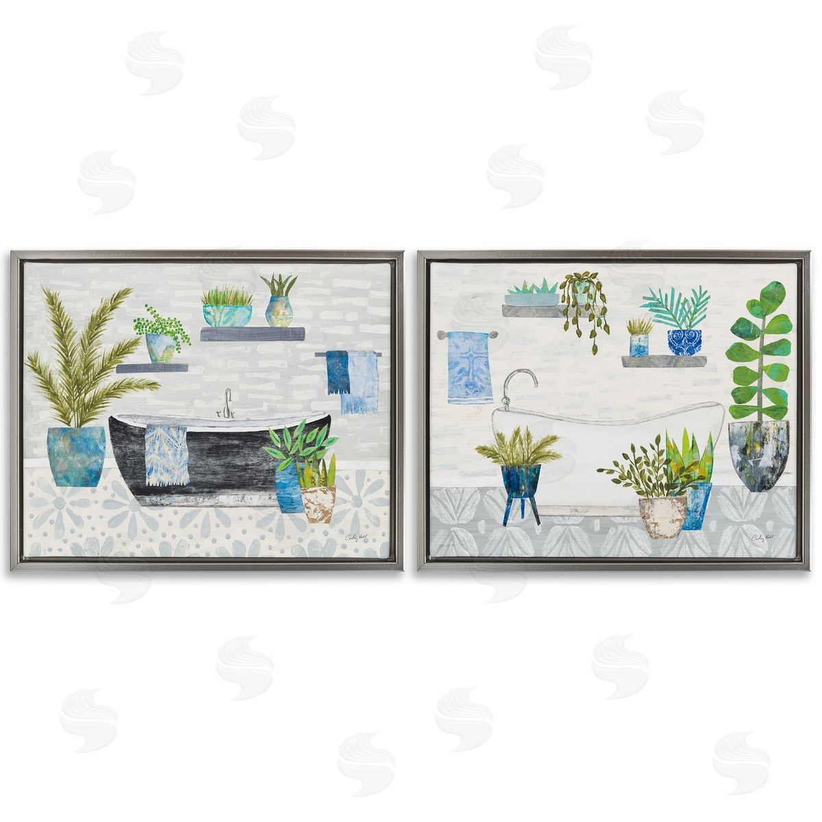 Charming Botanical Bathroom Grey Floating Frame Canvas Wall Art, Home Decor by Courtney Prahl