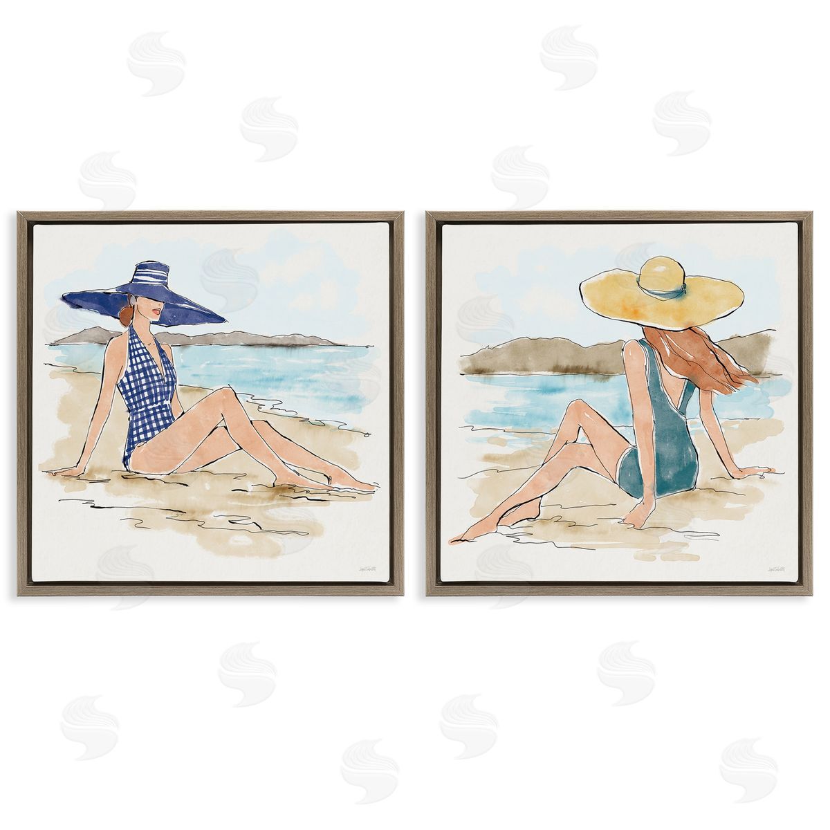 Bathing Beauties on Beach Brown Floating Frame Canvas Wall Art, Home Decor by Anne Tavoletti