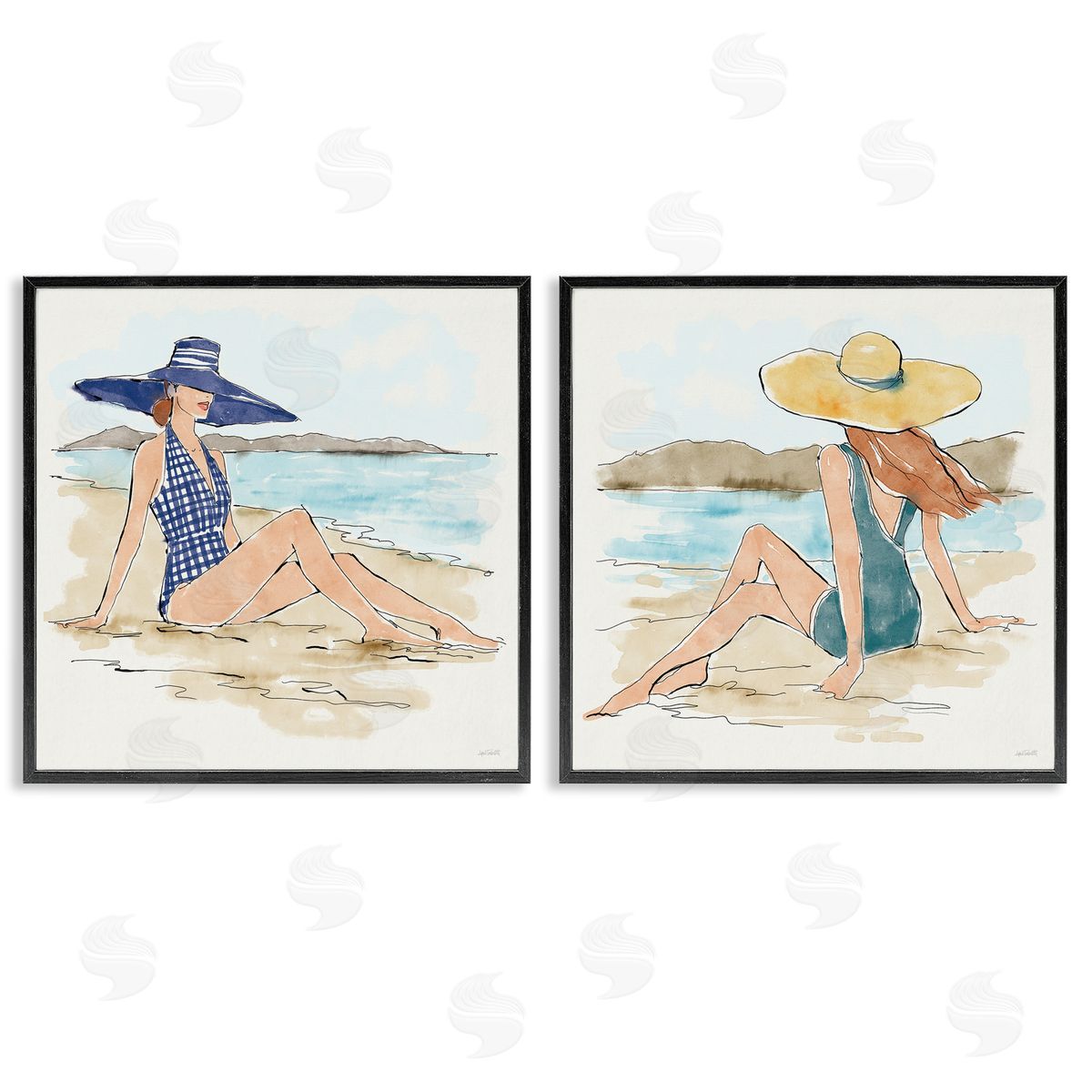 Bathing Beauties on Beach Black Frame Print Wall Art, Home Decor by Anne Tavoletti