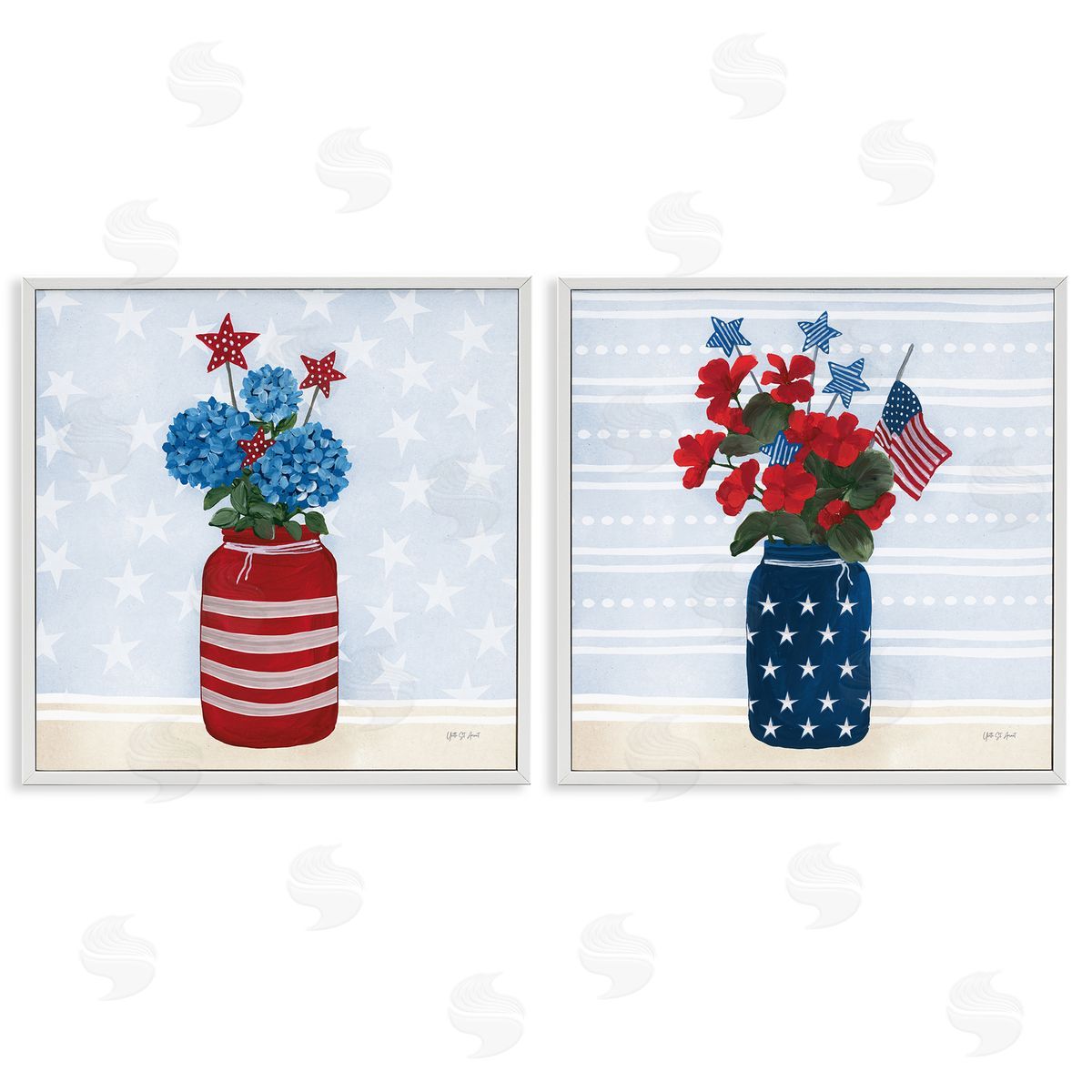 Patriotic Stripes & Stars Florals White Frame Print Wall Art, Home Decor by Yvette St. Amant