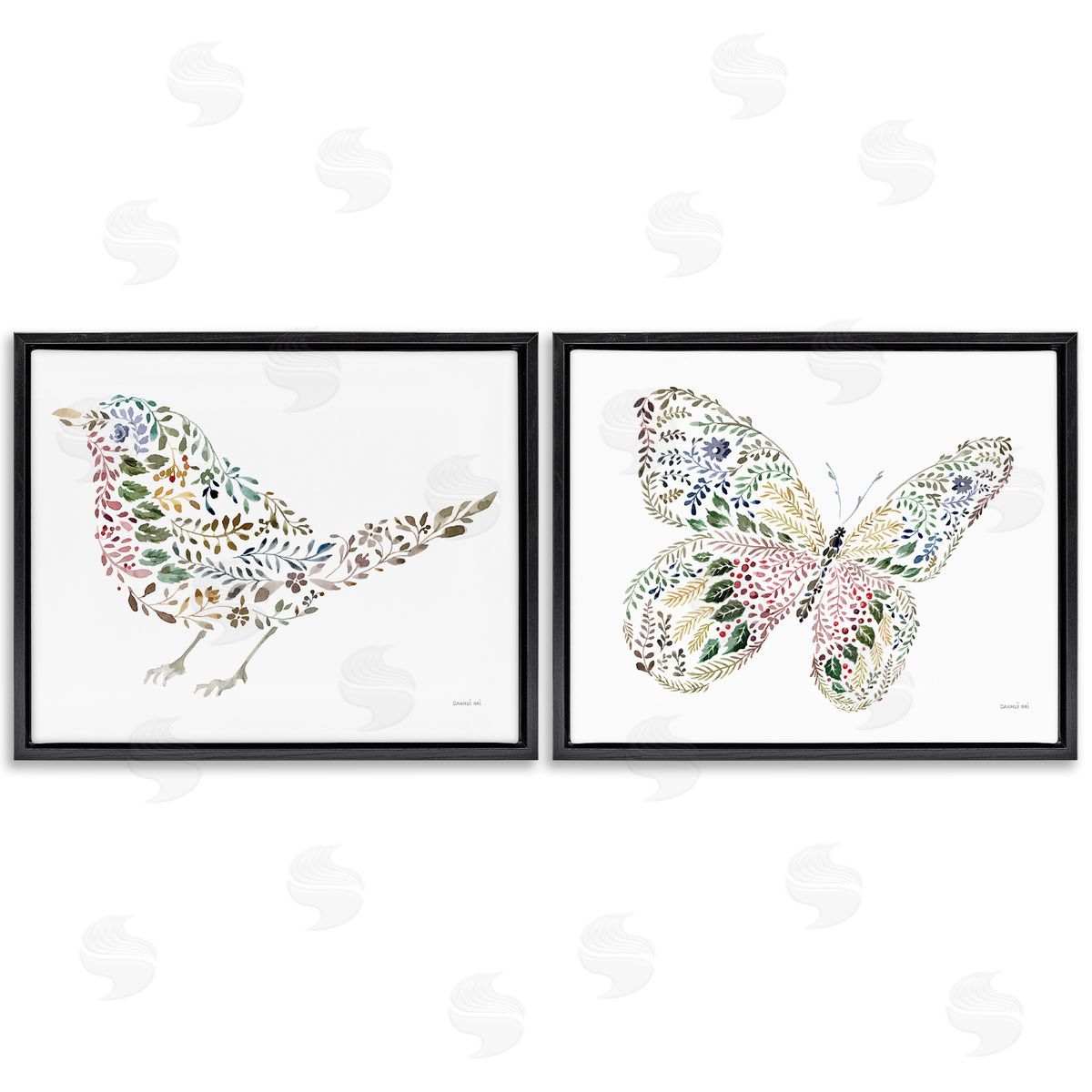 Bird & Butterfly From Nature Black Floating Frame Canvas Wall Art, Home Decor by Danhui Nai