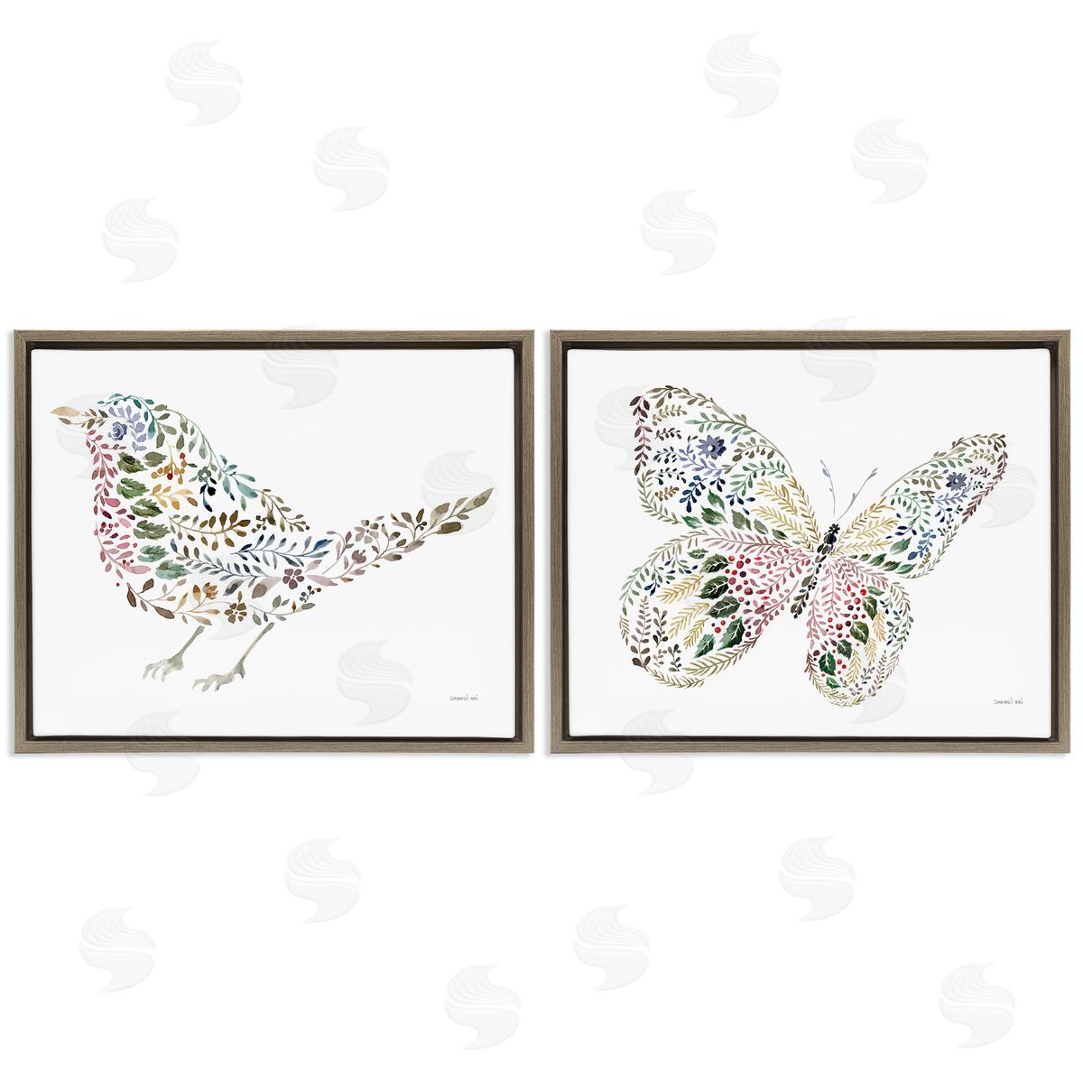 Bird & Butterfly From Nature Brown Floating Frame Canvas Wall Art, Home Decor by Danhui Nai