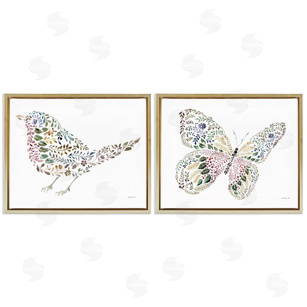 Bird & Butterfly From Nature Gold Floating Frame Canvas Wall Art, Home Decor by Danhui Nai